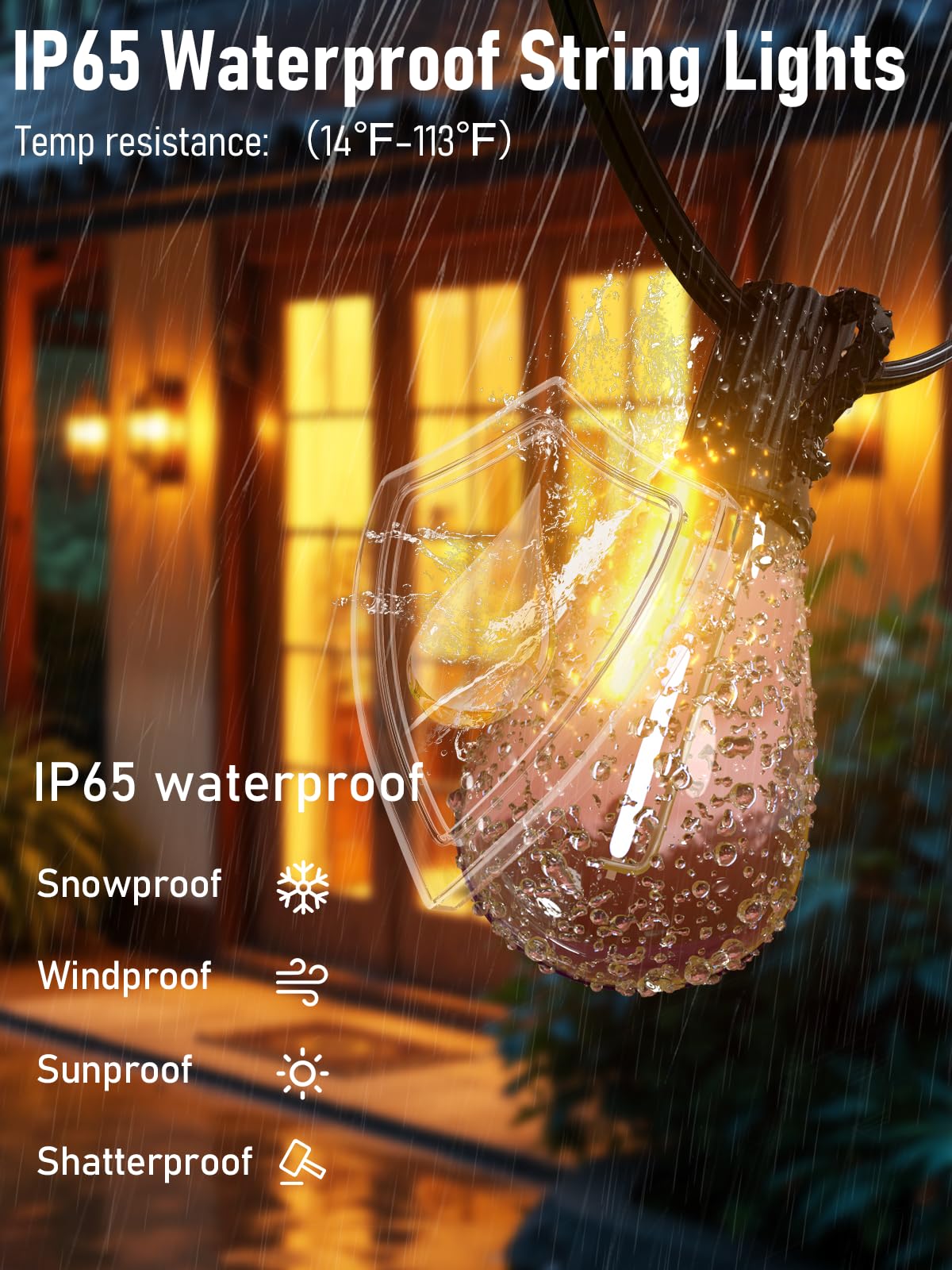 luckystyle LED Outdoor String Lights, 150FT, Warm White 2700K, Waterproof, Dimmable, 55+2 Shatterproof Bulbs, Model S11