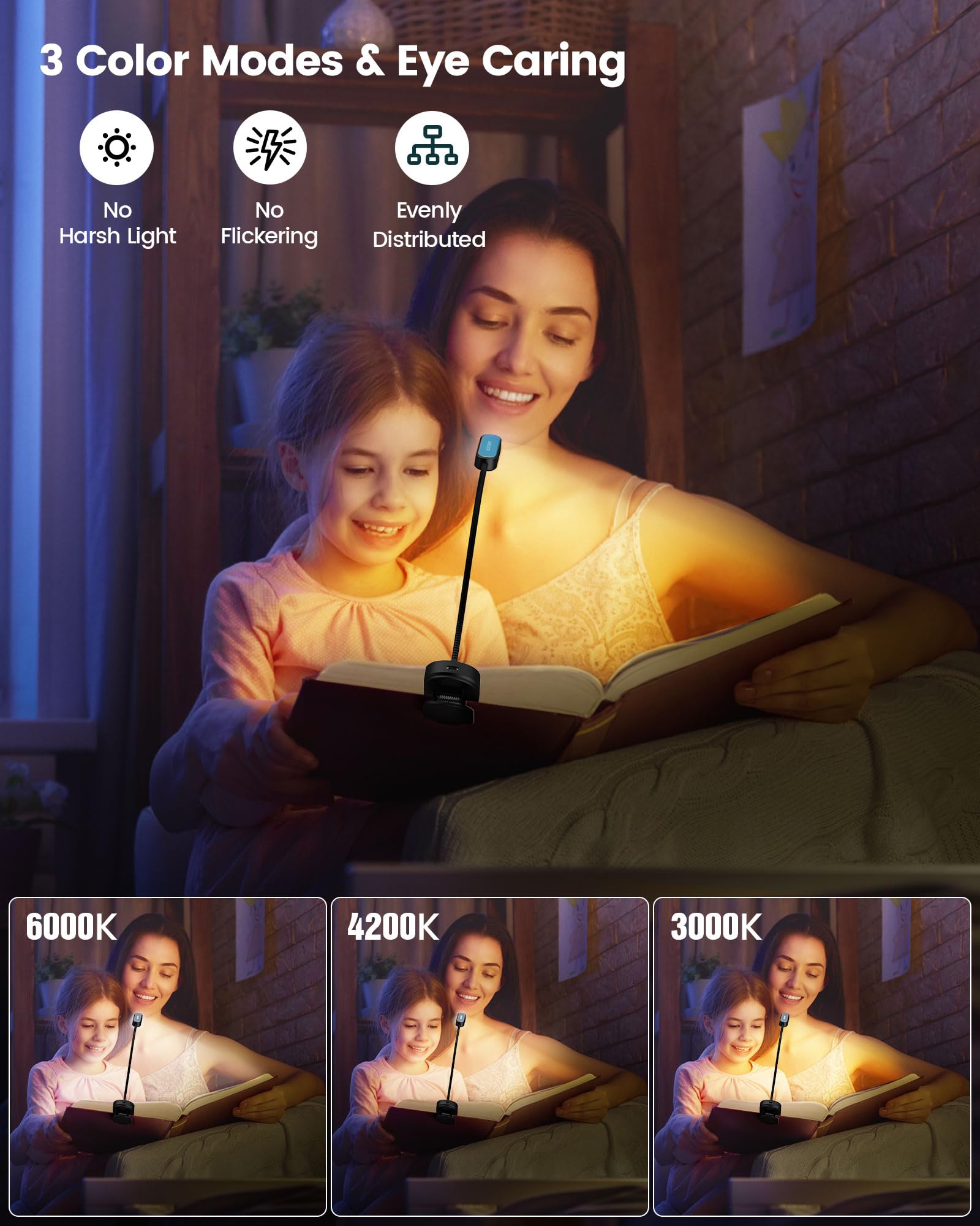 Glocusent Mini Book Light, Rechargeable 16 LED, 3 Colors, 5 Brightness Levels, Clip On, Black, Model GLCSNTBL004
