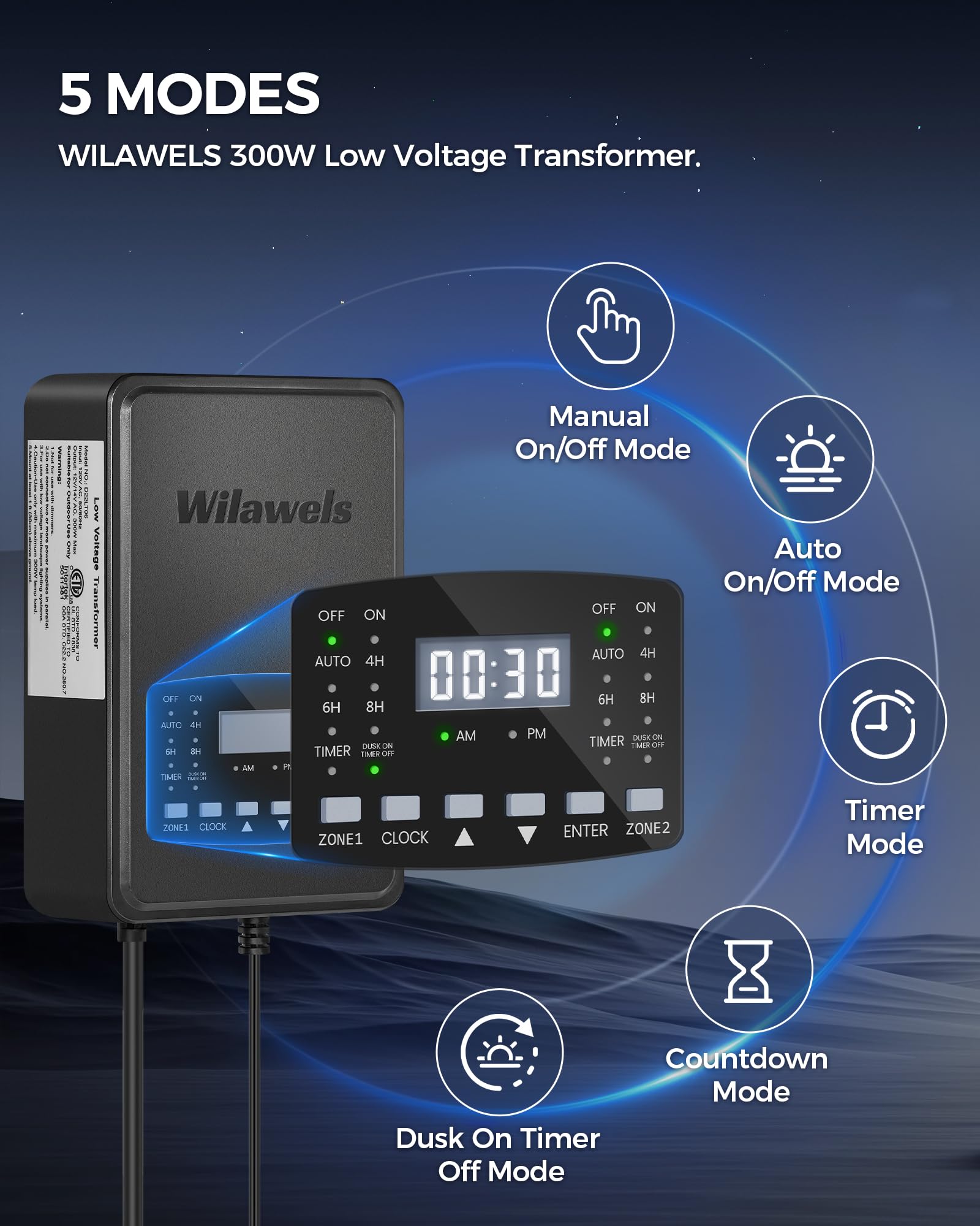 Wilawels 300W Low Voltage Landscape Transformer, 2 Zone Independent Control, Landscape Lighting Transformer, 120V Ac To 12/14V A