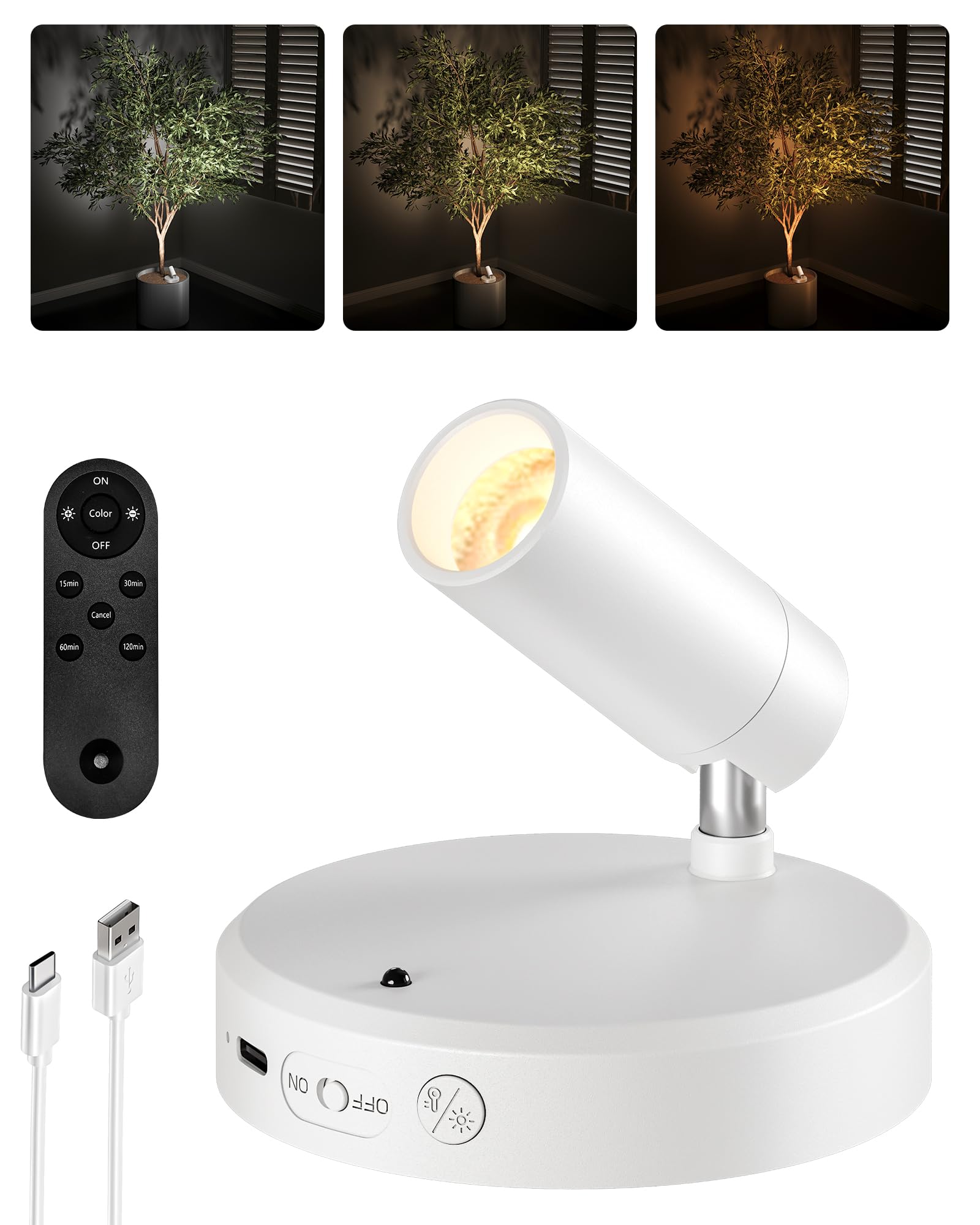 EZVALO Battery Powered LED Spotlight Indoor  Wireless Picture Lights with Remote 5500mAh Rechargeable Mini Display Light  Uplighting Indoor for Artwork Tree Discomfortting Portrait (white-1Pack)