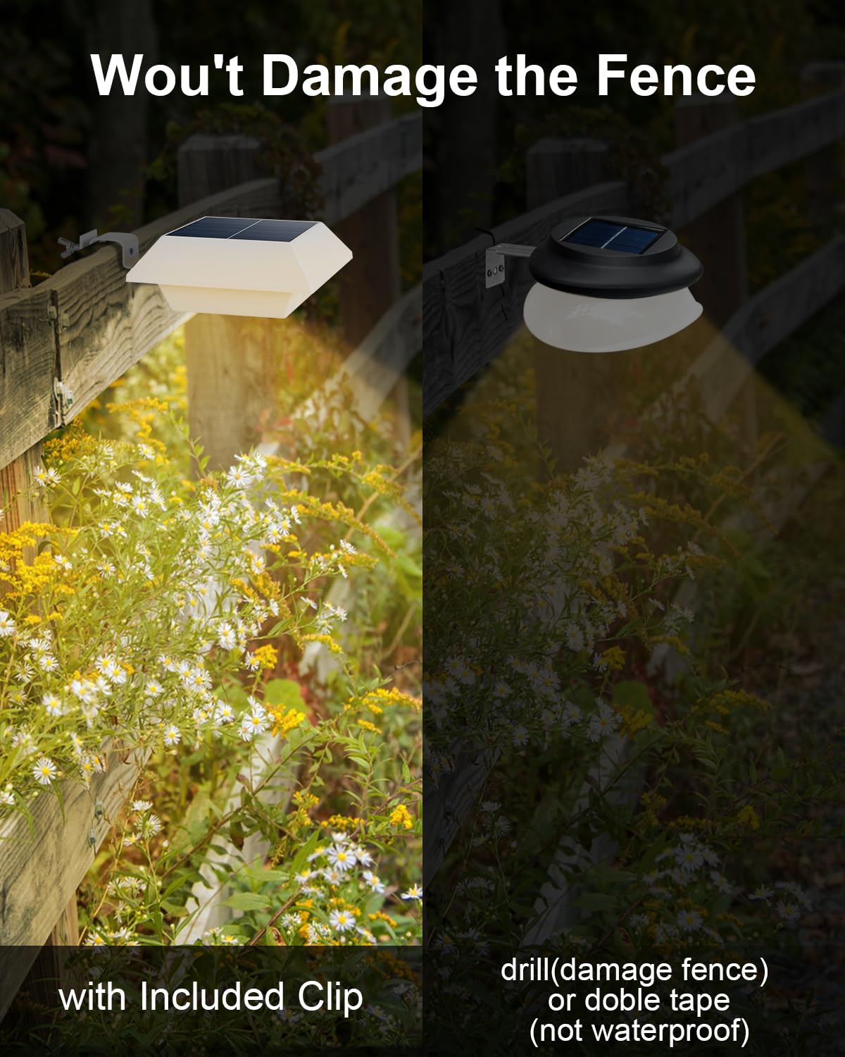 FALOVE 8 Pack Solar Powered Gutter Lights, Warm White, Waterproof 12 LEDs for Outdoor Use, No Drilling Installation, Model FA0416W