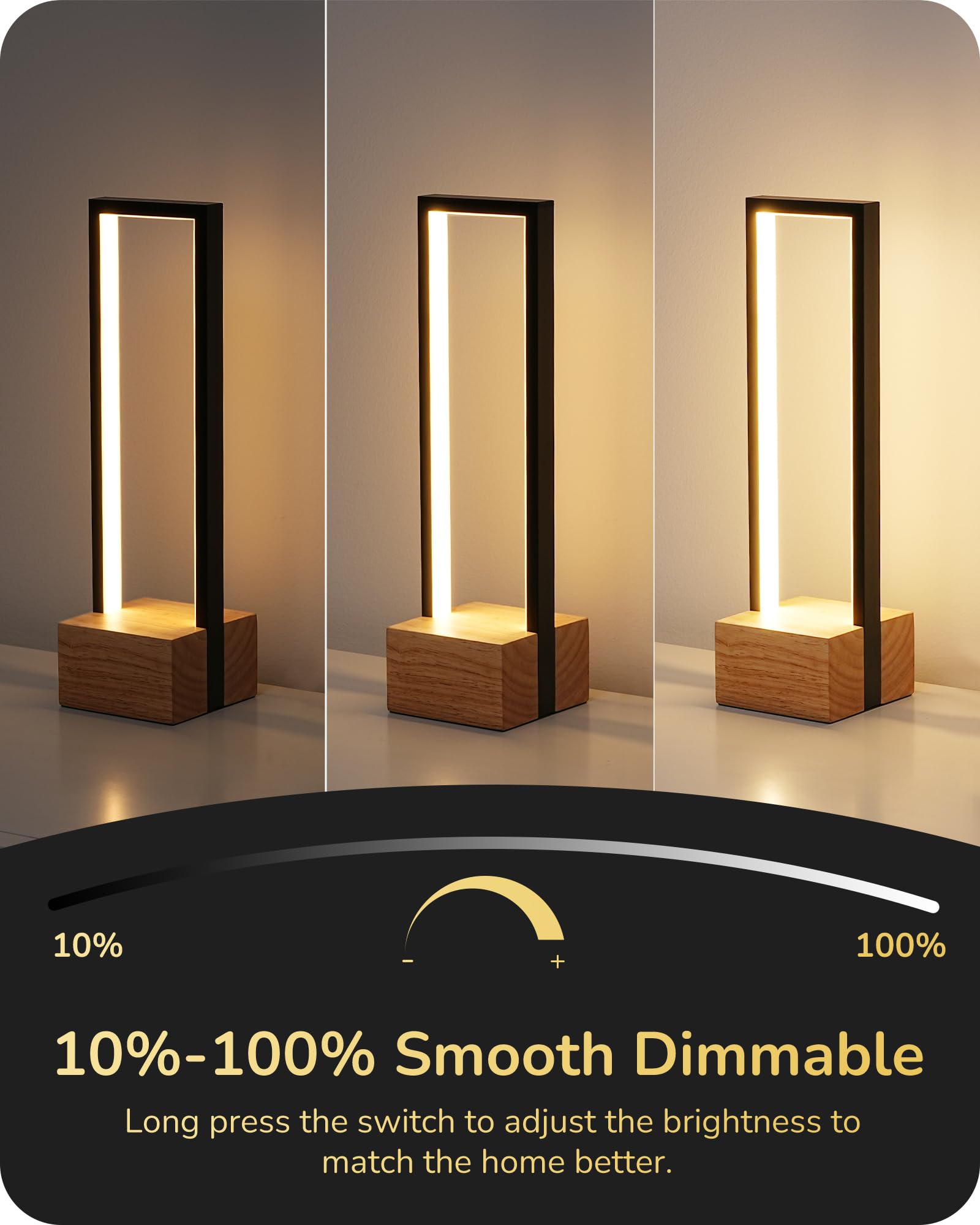 EDISHINE Modern Table Lamp, Dimmable LED, 3 Color Temps, 14.6inx4.7inx4.7in, Black Frame & Solid Wood Base, Model HLTL02