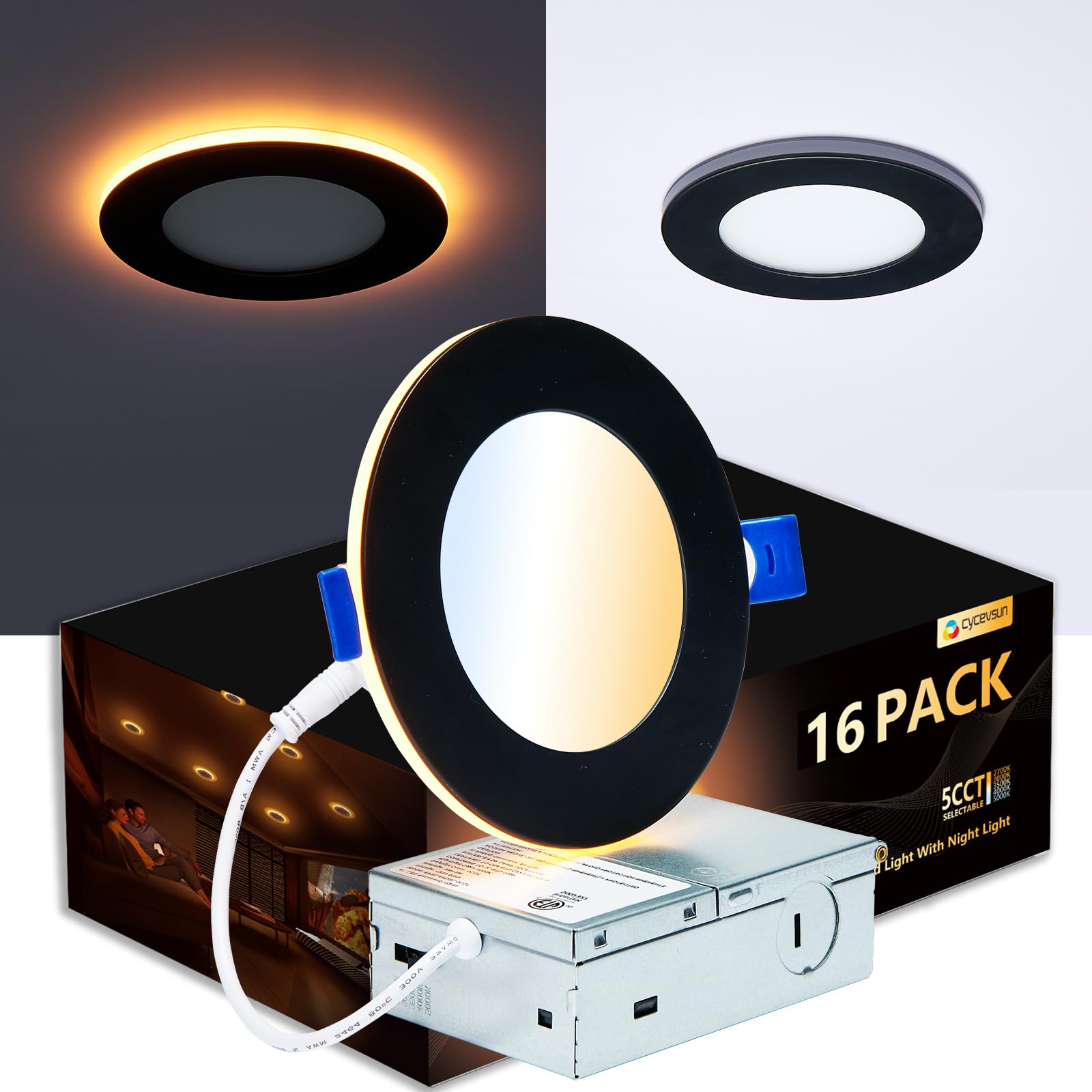 CycevSun 6 Pack 4 Inch Black Recessed Lights, Dimmable Canless Wafer Downlight with Night Light, ETL & Energy Star Certified