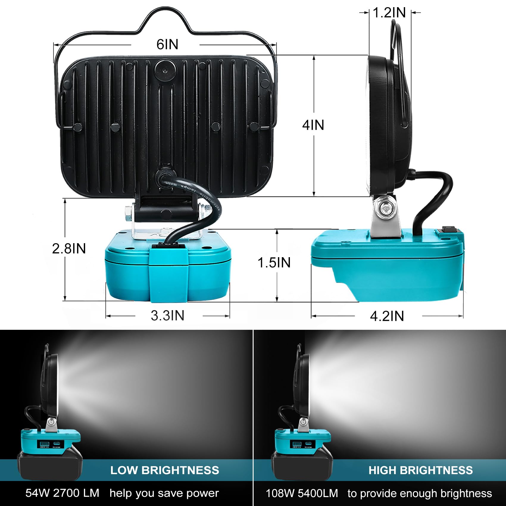 Fiihio LED Work Light - 108W, 5400LM, Portable Cordless with USB & Type C - Blue for Makita 18V Battery