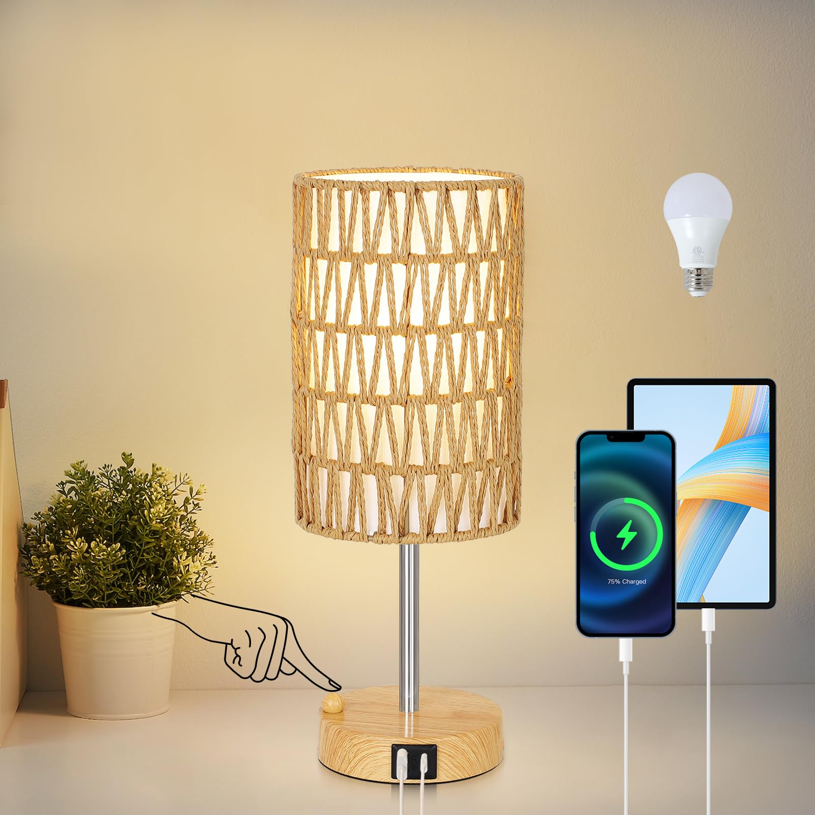 Eayaya Boho Table Lamp for Bedroom with Bulb, Small Touch Control Table Lamp for Living Room with Rattan & Linen Shade, 3 Way Di