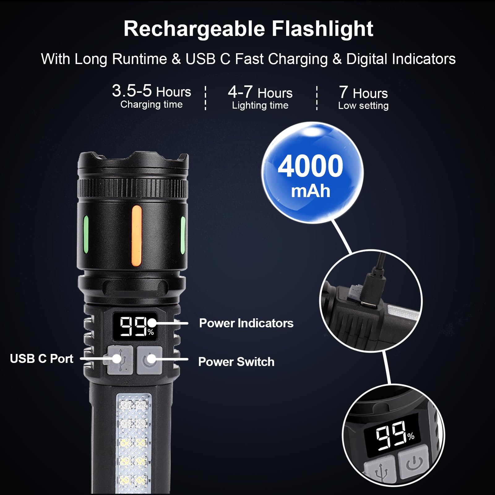 Ewenele Flashlights High Lumens Rechargeable, 990,000 Lumens Led Flashlight Battery Powered With 5 Light Modes, Cob Side Light,
