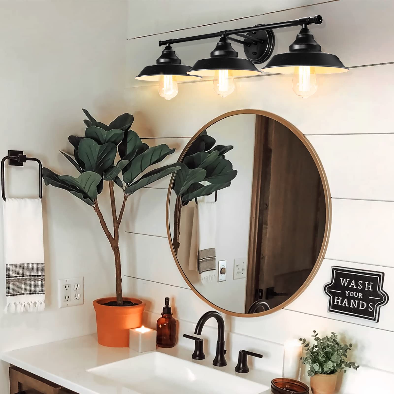 BesLowe 3-Light Wall Sconce, Industrial Rustic Metal Vanity Light Fixture, Black, Model W2561-03-BK