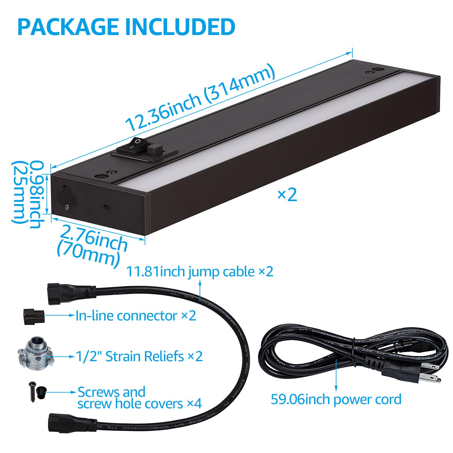 TORCHSTAR LED Under Cabinet Lighting, 3CCT, 12 Inch, 8W, 540LM, Dimmable, Bronze Aluminum, Hardwired & Plug-in, Model R1