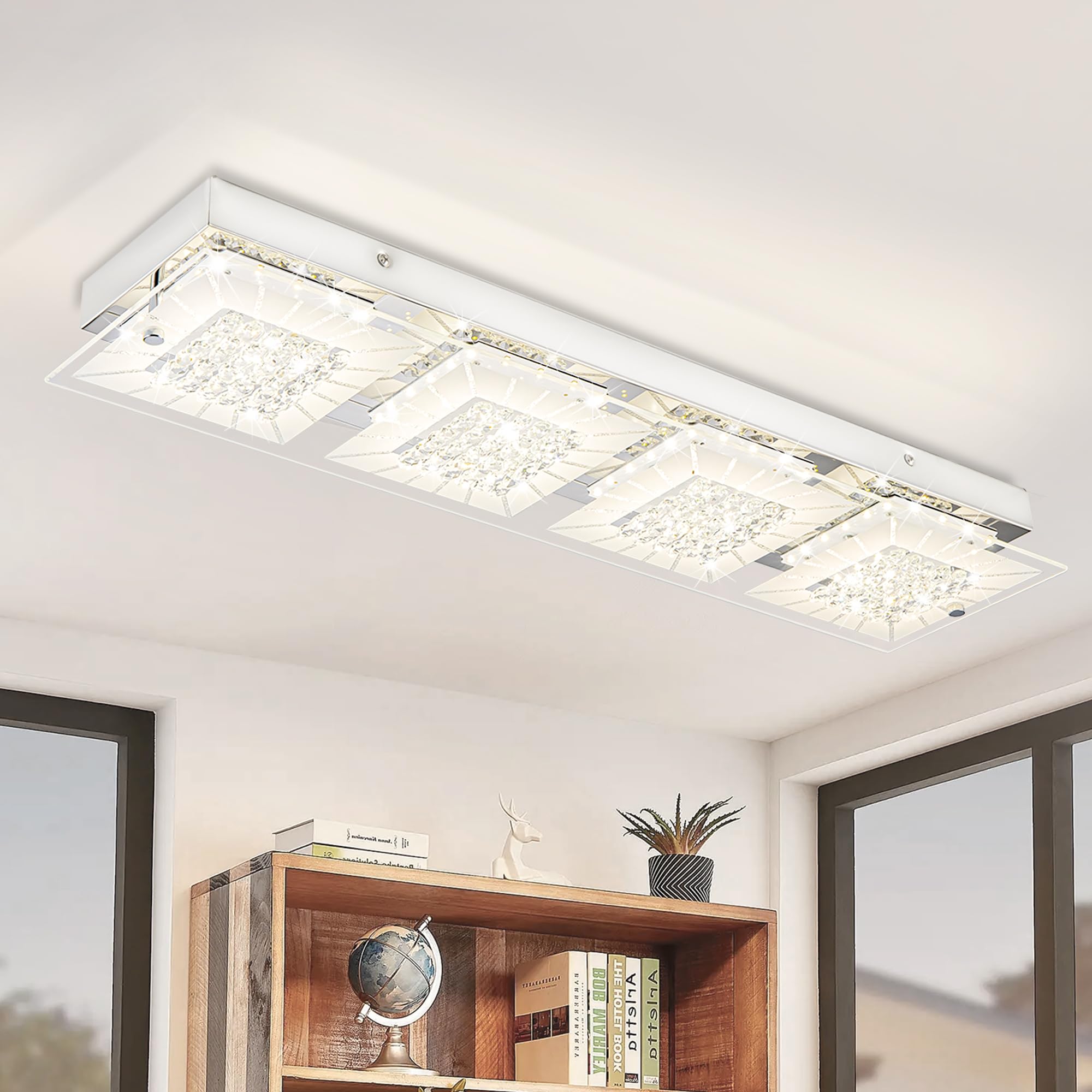 Auffel Flush Mount Ceiling Light Crystal Ceiling Light Fixture 24IN Long Rectangle Lighting Fixtures Ceiling Dimmable LED Ceiling Lights for Kitchen  Bathroom  Hallway  Living Room