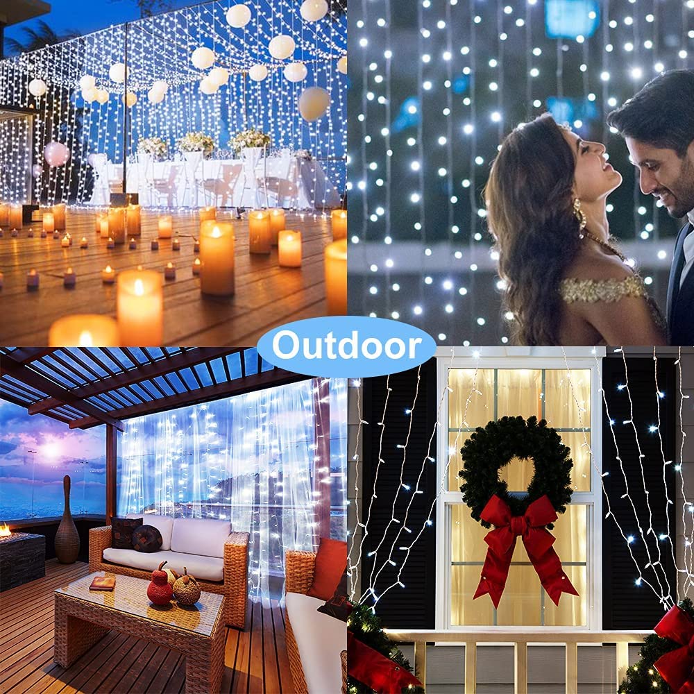 Whywhife Solar Curtain Lights 300 LED Fairy String Lights Waterproof Remote Control for Outdoor Garden, 1 Pack, White