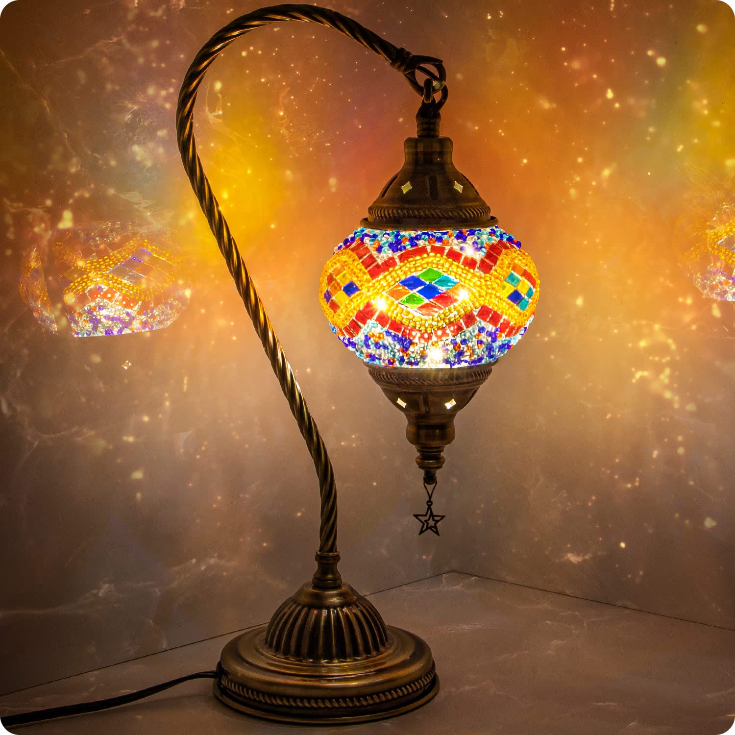 Yarra-Decor Turkish Moroccan Lamp, Handmade Tiffany Mosaic Glass, Bronze Base, LED Bulb Included, Orange2 Color