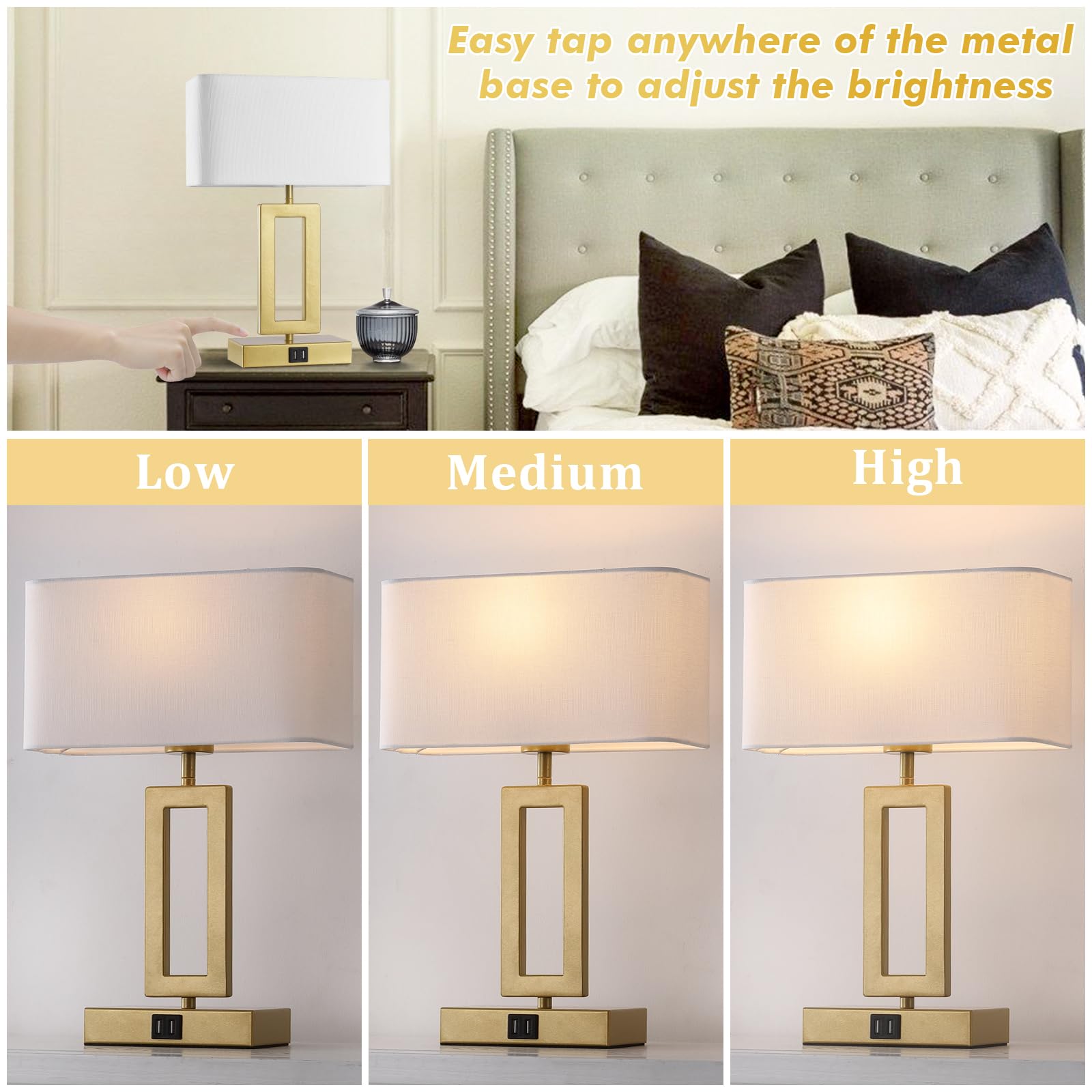 gernehop Gold Table Lamps Set of 2, 3-Way Dimmable Touch Control, 16Inch White & Gold, Includes LED Bulbs, Model T1002-GD-W