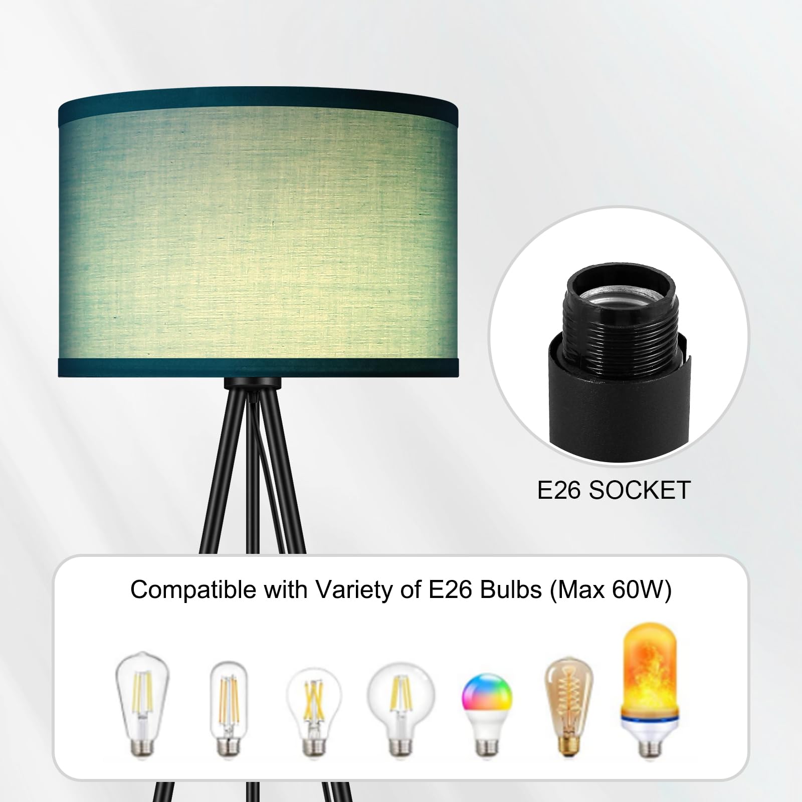 Boostarea Floor Lamp For Living Room, Tripod Floor Lamp, Green Linen Lamp Shade, Blub Not Included,Mid Century Standing Lamp For