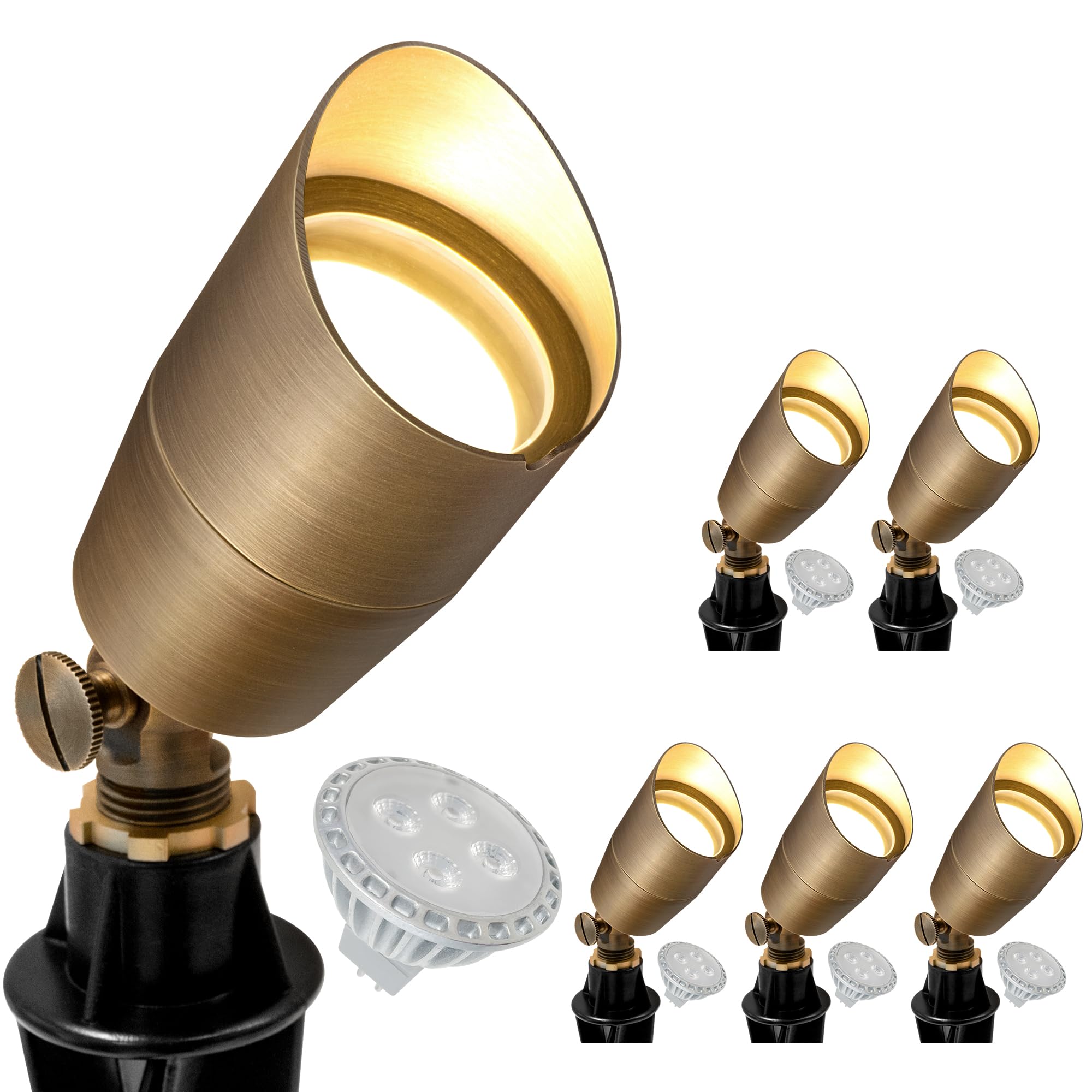 GKOLED 6 Pack Solid Brass Low Voltage Compact Spotlight  12V AC/DC Waterproof Outdoor Landscape Spot Lights  Up Light with 5W 2700K MR16 Bulb for House Trees Garden Yard Lawn  Stake Included
