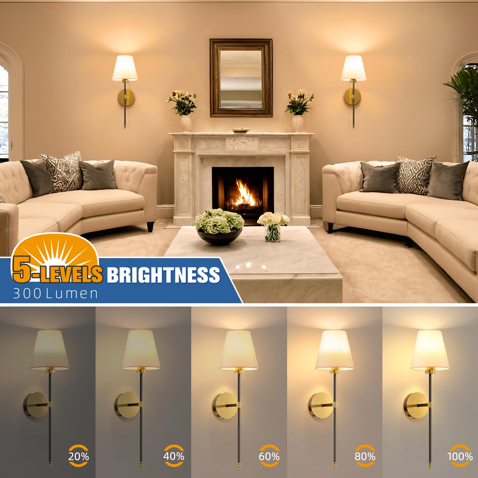 NIORSUN Wall Sconce Set of 2, 19.9 Inch Black-Gold Metal Lights with Dimmable Bulbs, Remote, Rechargeable, Model SW025