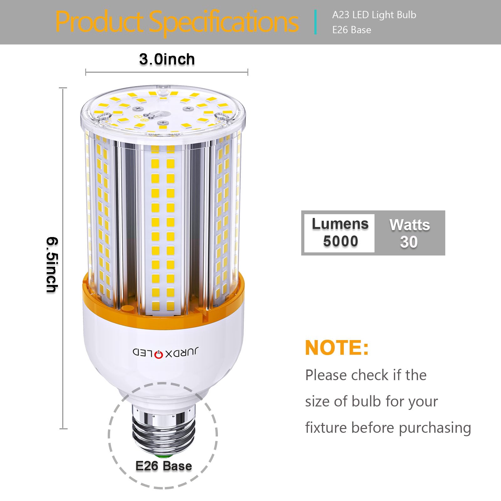 Jurdxled 2Pack Led Corn Bulb 5000 Lumen 3000K 30W Large Area Yellow Light E26 Base For Outdoor Indoor Garage Warehouse Factory W