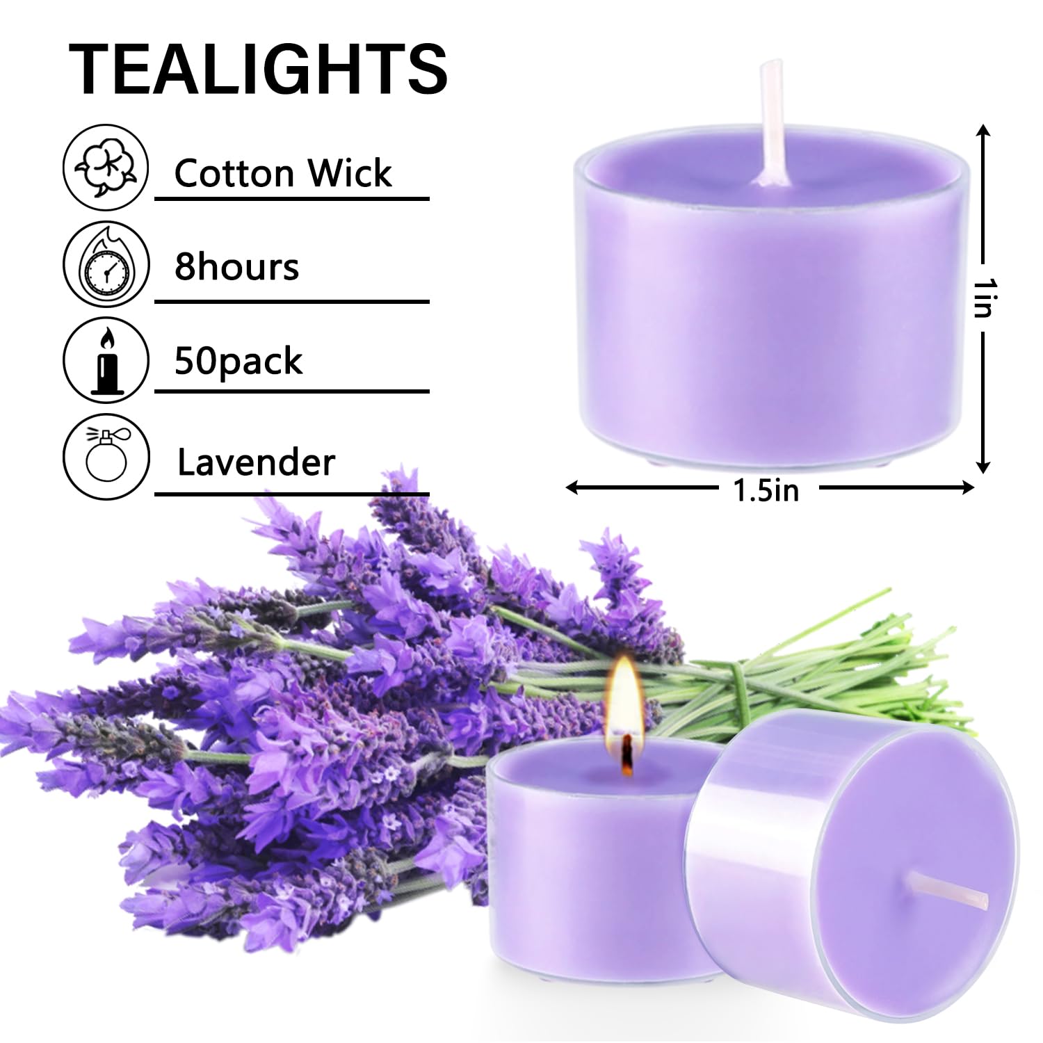Wfmolcand Lavender Scented Tealight Candles, 50 Pack, Purple Wax, 8 Hour Burn Time, Clear Cup, Ideal for Weddings and Events