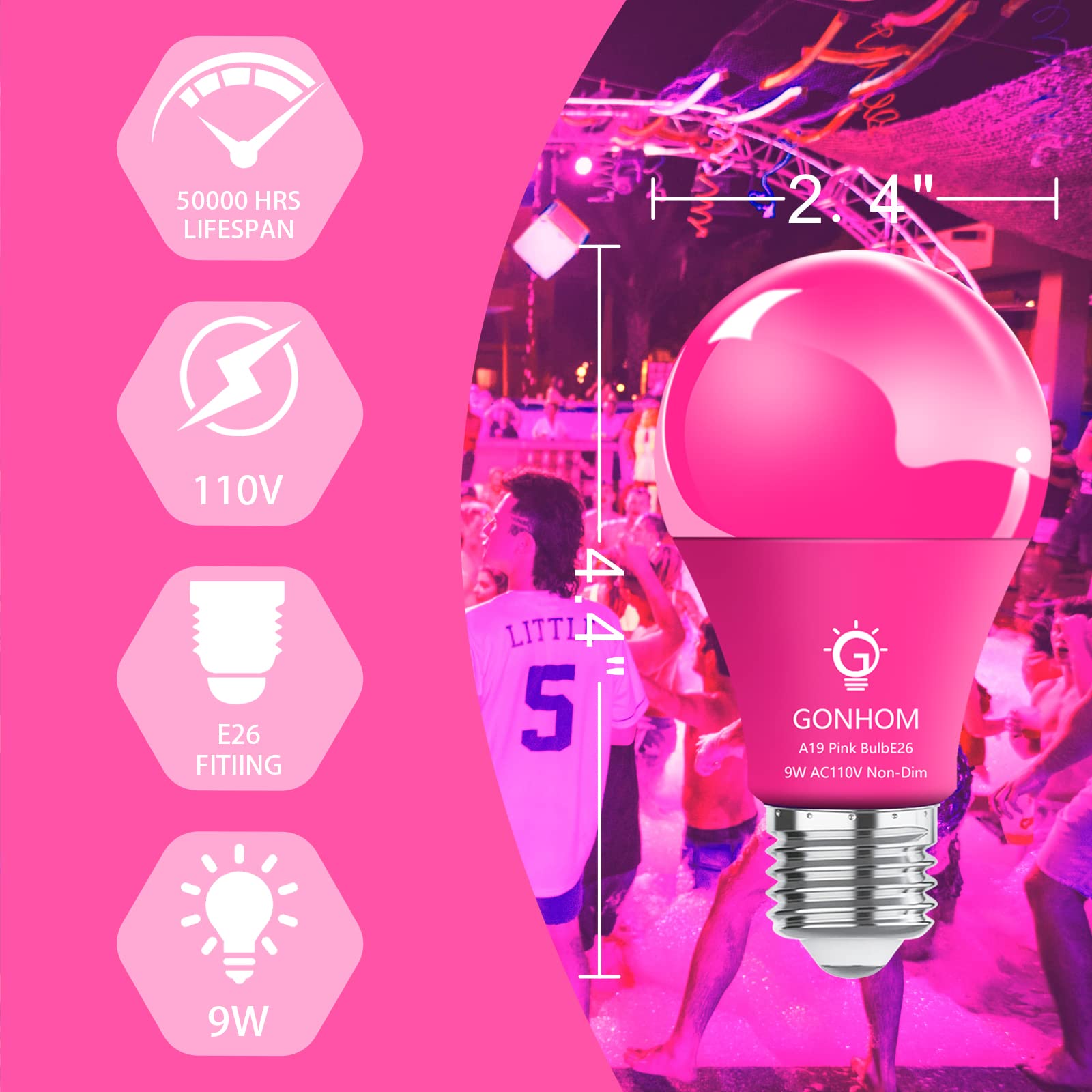 Gonhom 2 Pack Pink Led Light Bulbs, 9W Equivalent To 100W, E26 Base For Party & Holiday