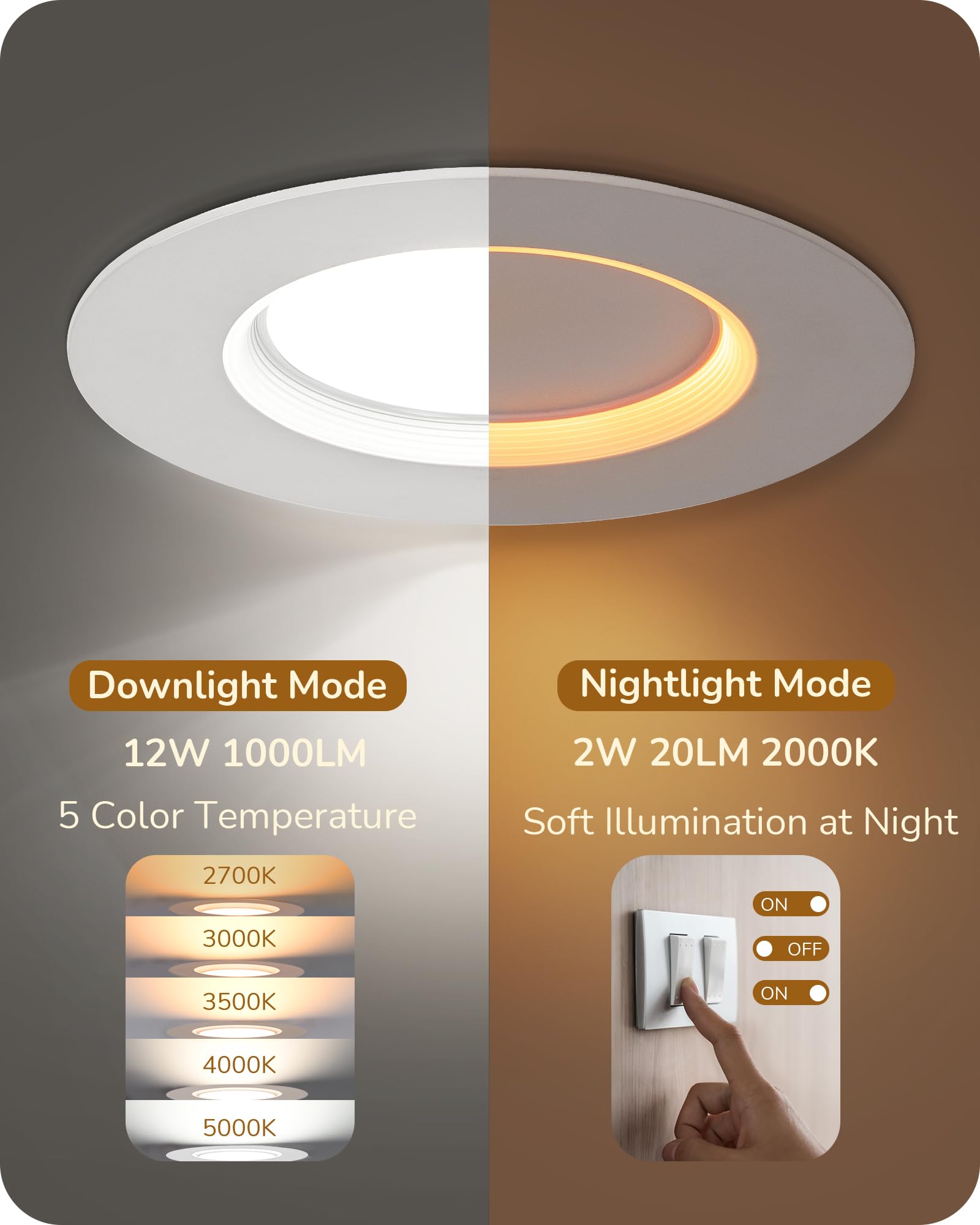 EDISHINE 12 Pack 5CCT Recessed Lighting 6 Inch with Night Light, 12W 1000LM CRI90+ Dimmable LED Ceiling Can Lights, 2700-5000K S