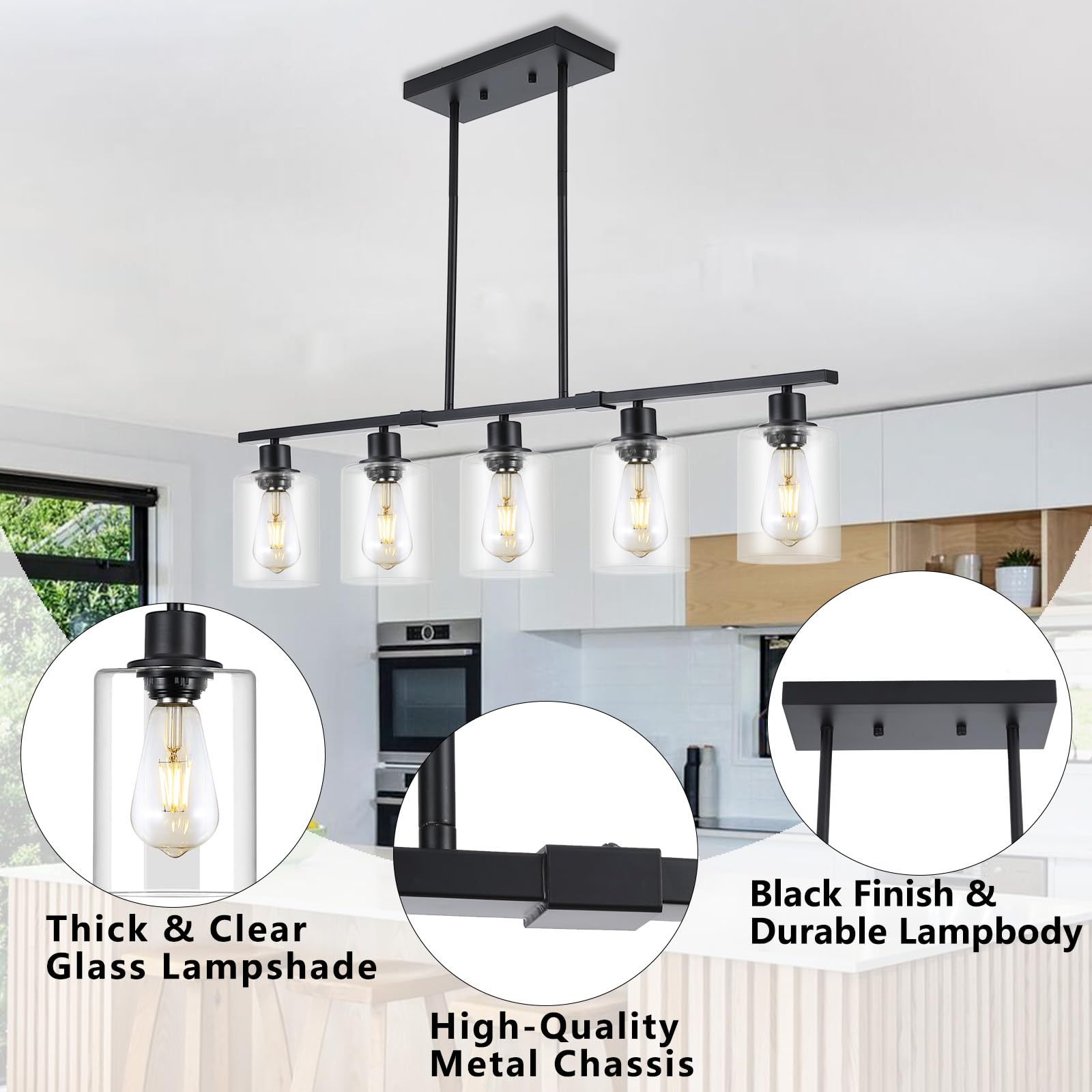 3Wwwuee 39.4'' Kitchen Island Lighting, 5 Lights Clear Glass Pendant Light Fixtue, Black Linear Metal Chandelier For Dining&Livi