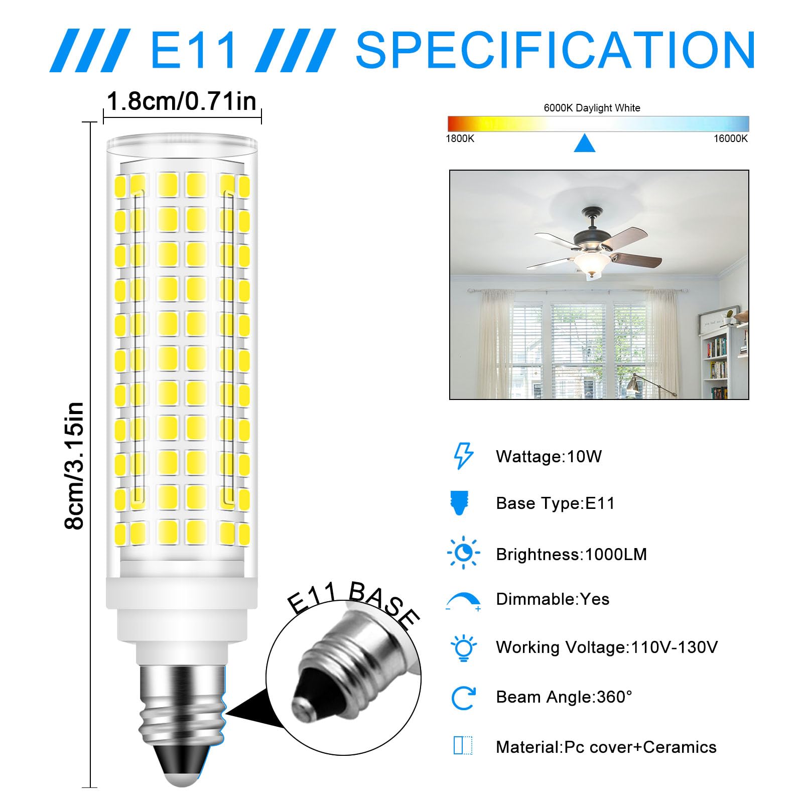 Megereet E11 LED Bulb 100W Equivalent, Dimmable Daylight White 6000K, 10W 1000LM, 2 Pack, JDE11, Plastic