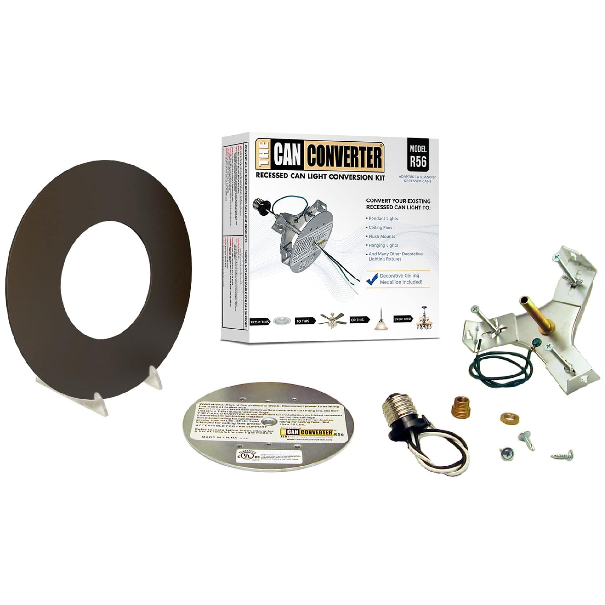 The Can Converter - R56, Recessed Can Light Conversion Kit, For Ceiling Light Fixture, Pendant Light, Hanging Light, Ceiling Fan, With 7’¾ Inch Flat, Steel, Ceiling Medallion, Oil-Rubbed Bronze