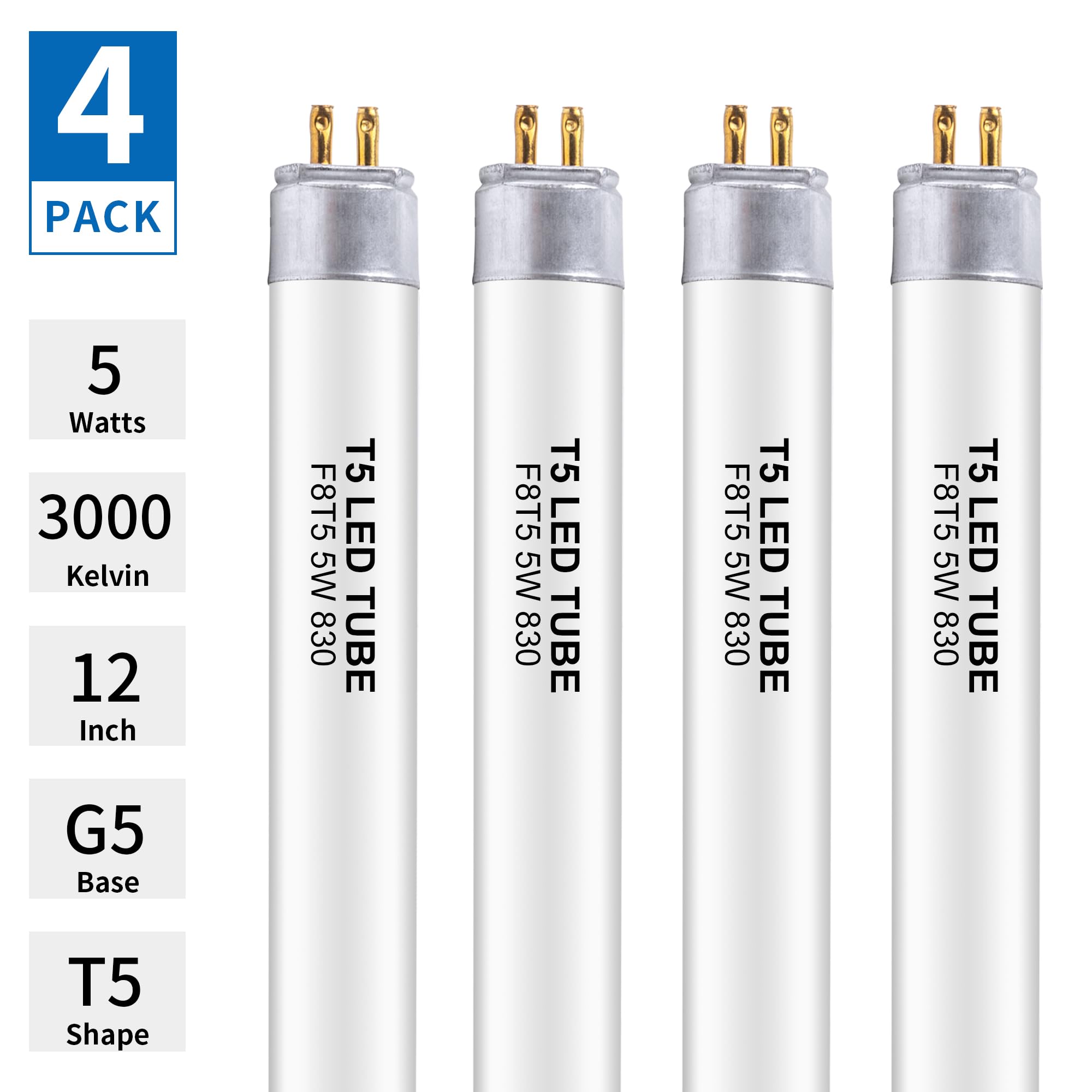 Wesome Lighting 12" F8T5/WW LED Replacement Bulbs, 5W, 3000K Warm White, T5, 4 Pack