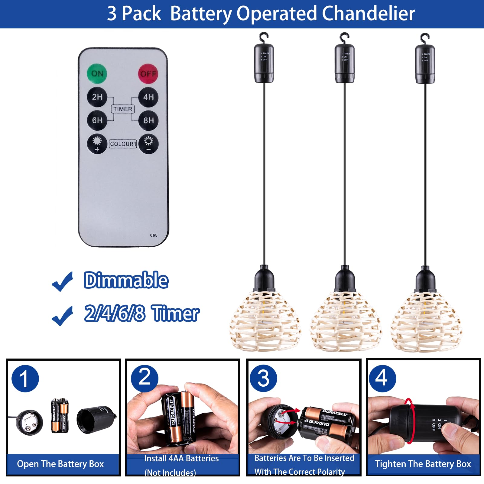 ALL FORTUNE Outdoor Battery Operated Chandelier - Warm White Rattan Pendant Light, Dimmable Timer, Model AF 61674 for Patio & Garden Decor