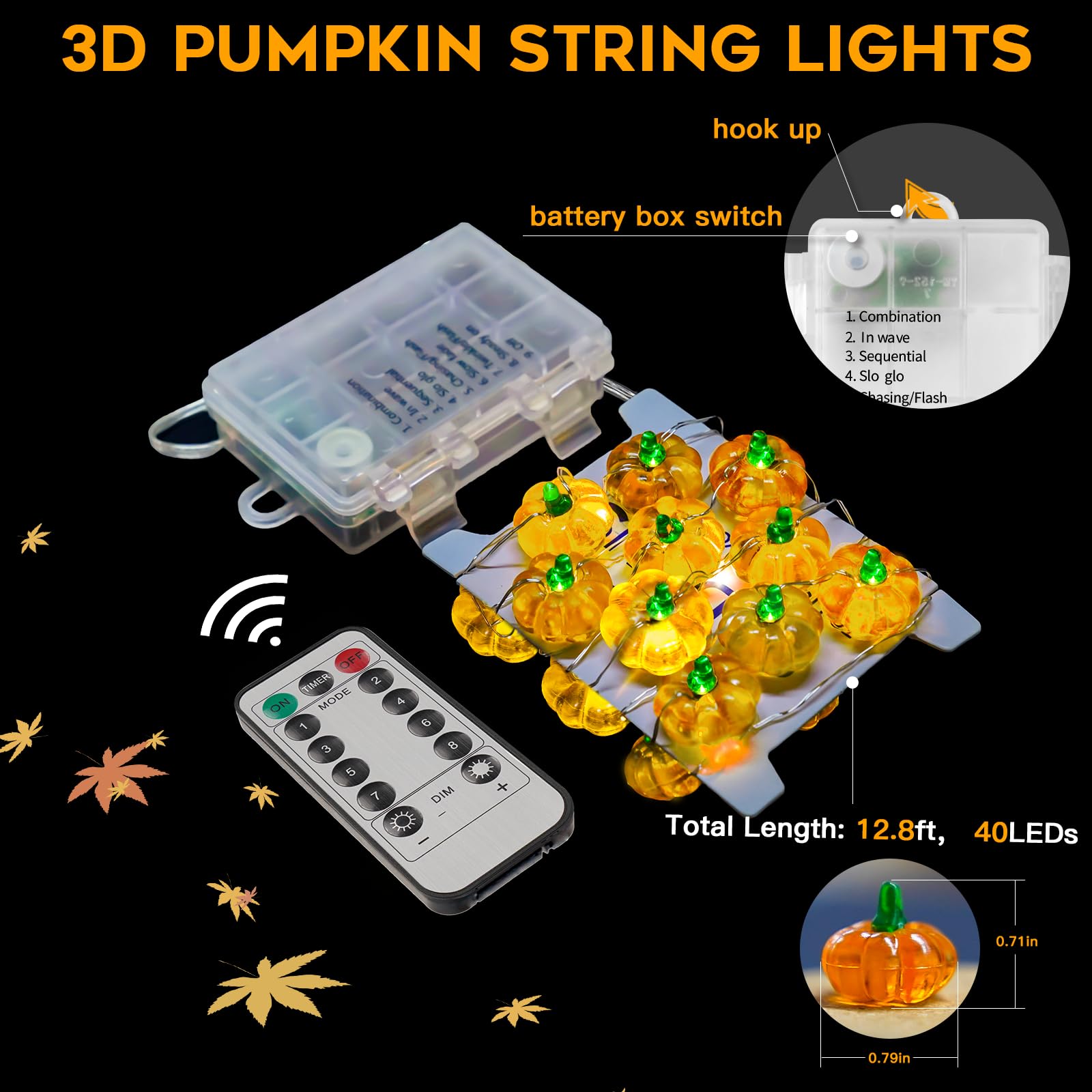 suddus Thanksgiving Lights - 40 LED Battery Operated Fairy Lights, 12.8 Ft, Orange Tiny Pumpkin, 8 Modes for Indoor Decorations