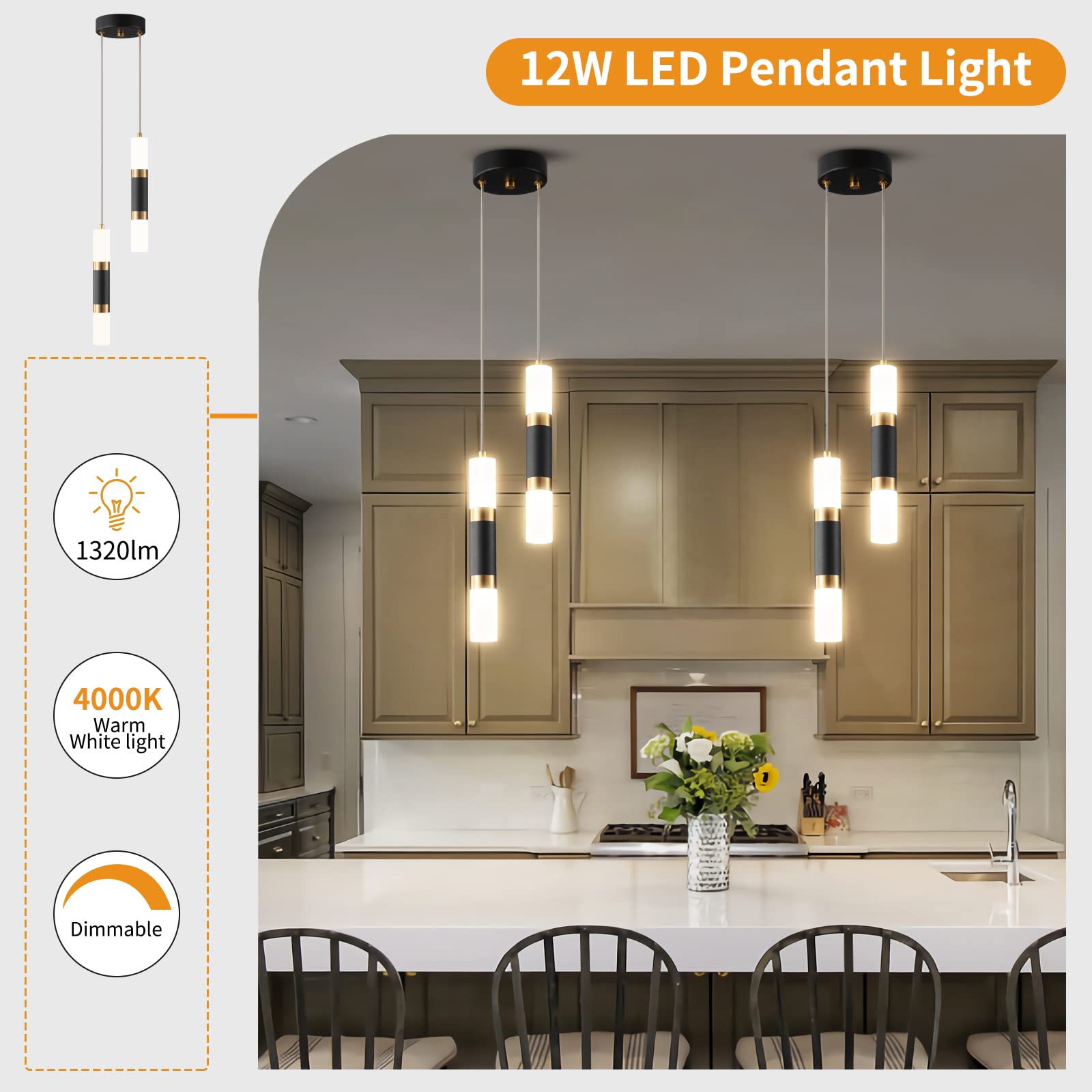 Liangmh 2 Light Pendant Lights Kitchen Island Dimmable Led Modern Mini Pendant Light, Bedroom Small Pendant Light Fixtures (Blac