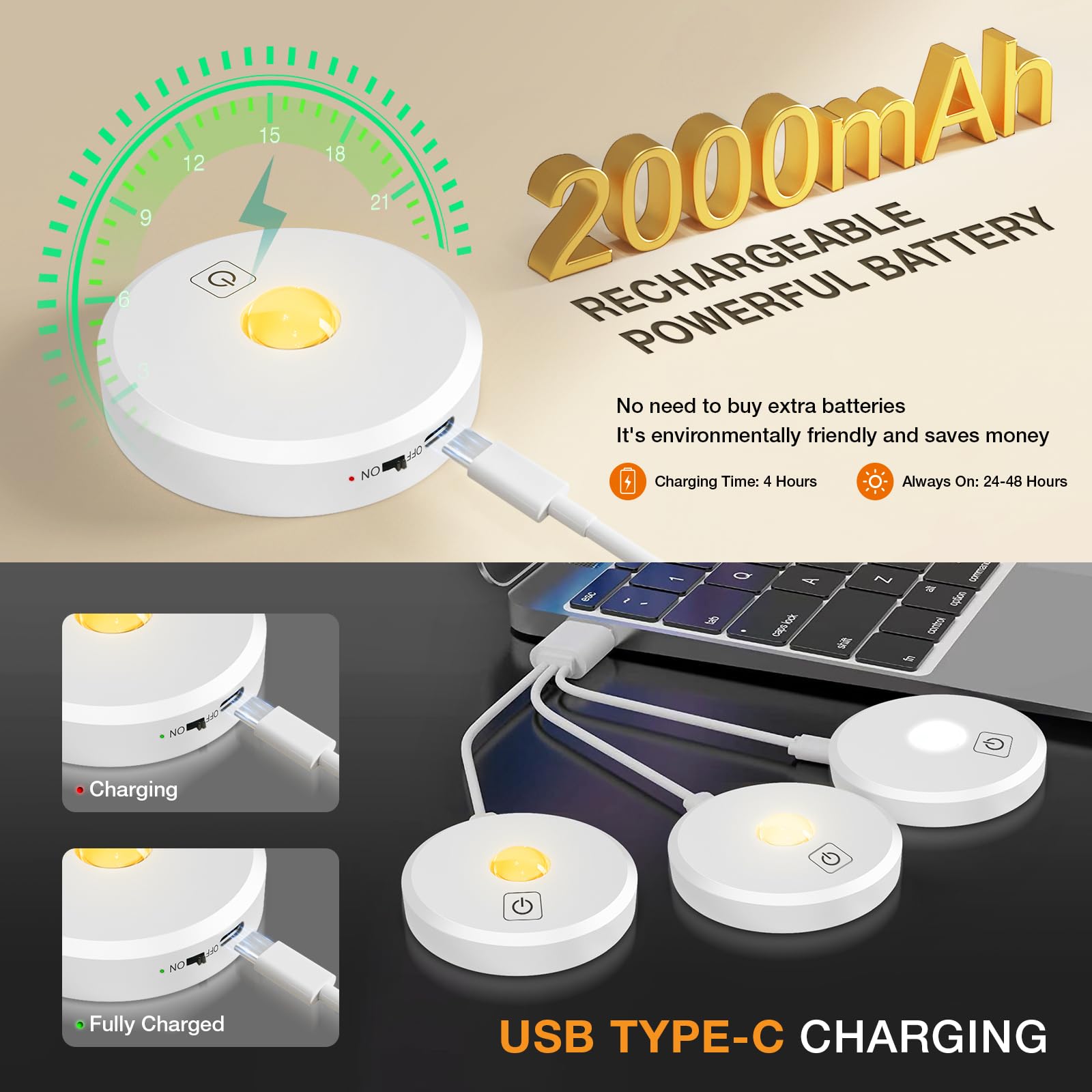 MEKKLEON Puck Lights - Wireless Under Cabinet Lighting, Rechargeable, White, 5 Pcs, 2000mAh Battery, Touch Control, Model M3-G18