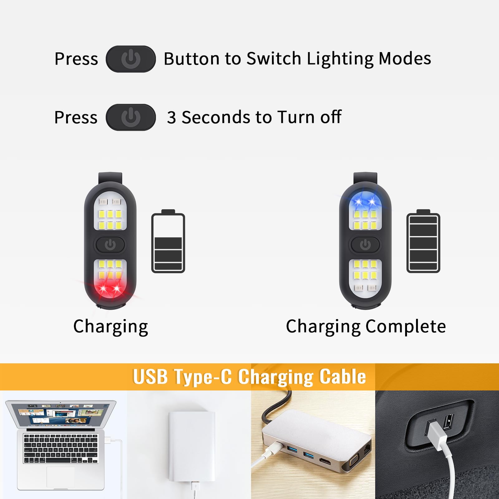 Faxins 2 Pack Clip on Flashlights, Rechargeable LED Safety Lights, Model CL-02, Black