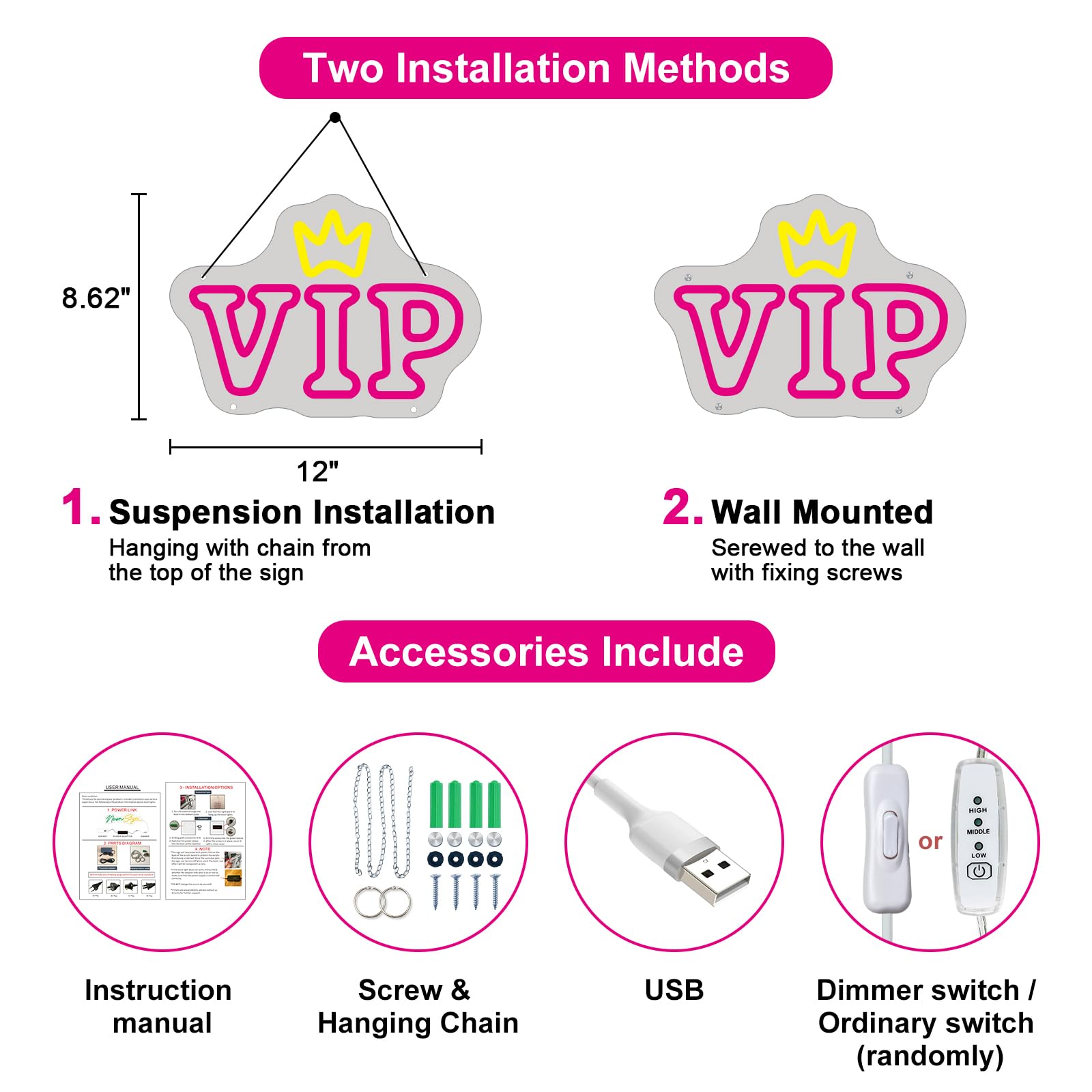 HDJSIGN Neon Sign - VIP Lounge Light Up Wall Decor, USB Powered, Pink, 12x8.62 inches, Model HD4567
