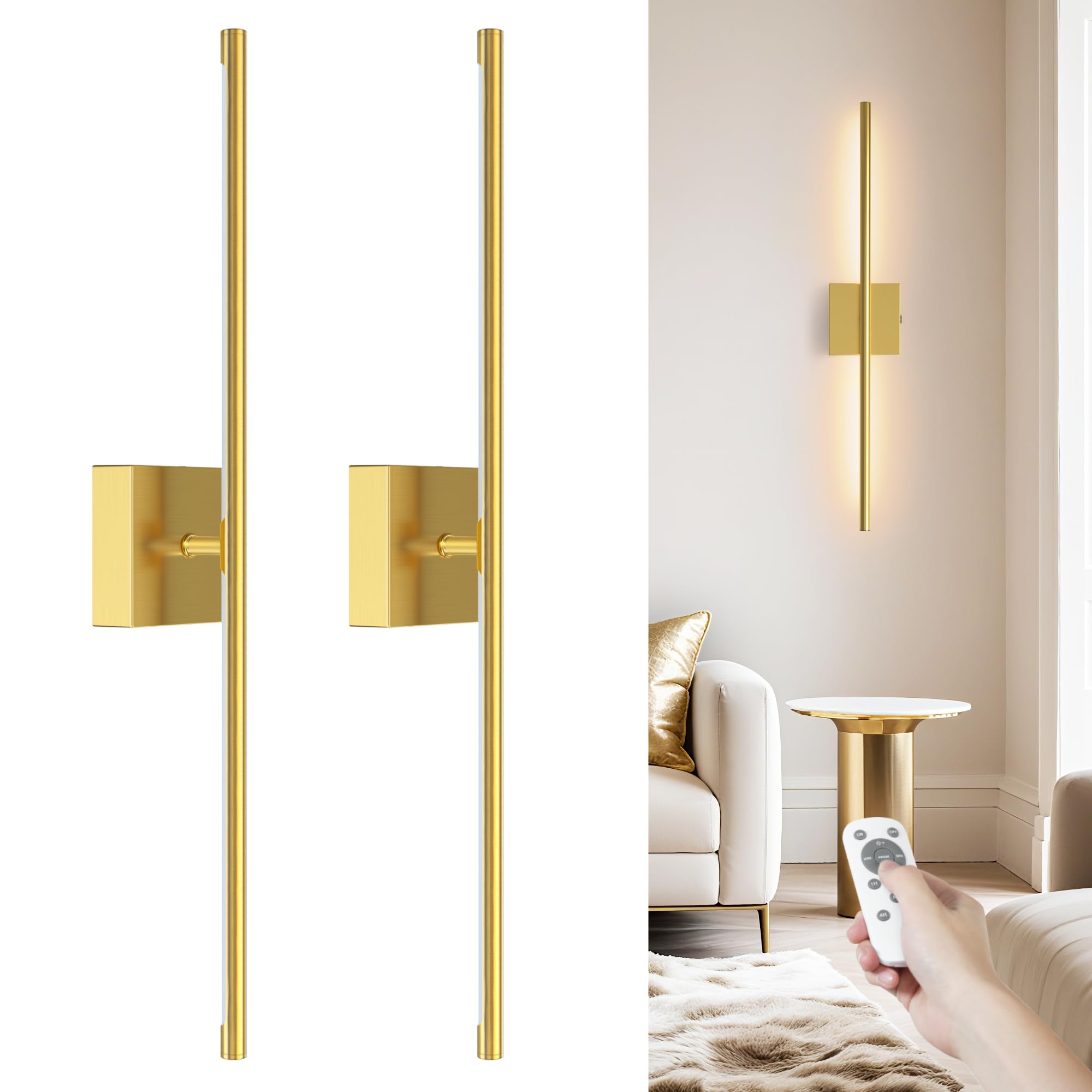 VOLISUN Battery Operated Wall Sconce Set of Two, Gold Rechargeable Wall Lights with Remote Control, 3000K-6500K Dimmable Wall La