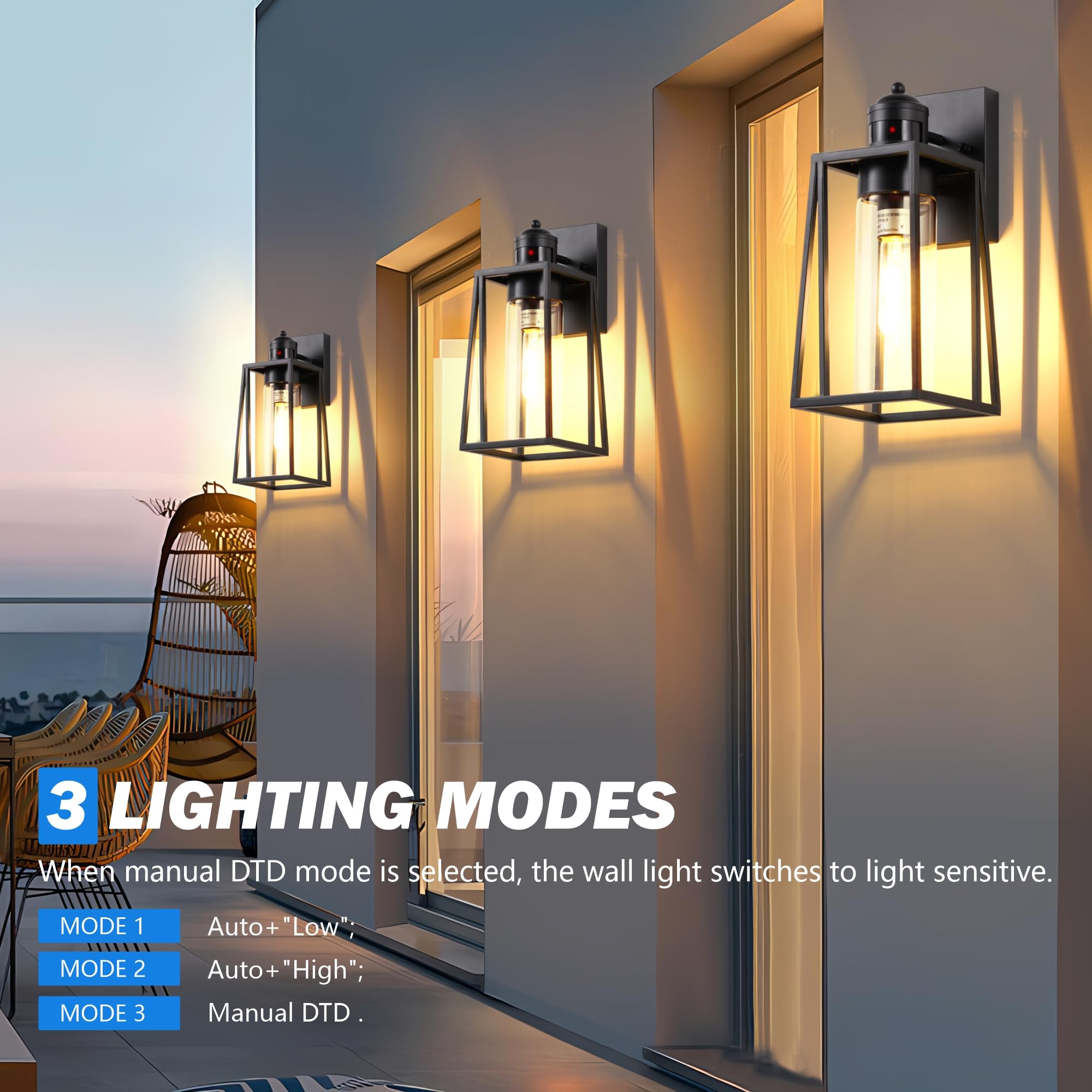 DAKAFUL Motion Sensor Outdoor Wall Lights, Large 2-Pack, Dusk to Dawn LED Sconces, Black, Model BLE26-1