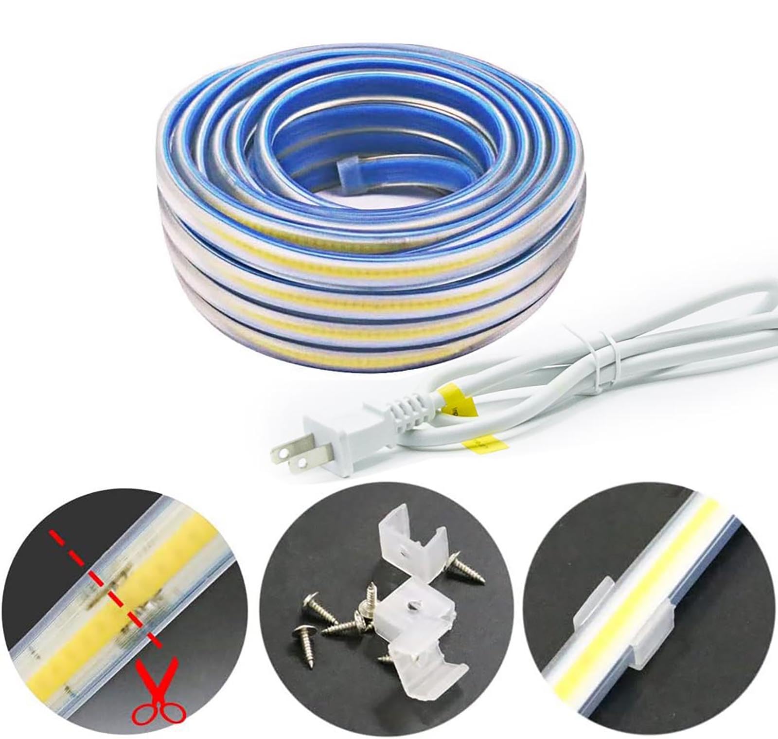 Pcningled 2 Meter Bright Led Strip Lights Ac 110V With Us Plug, 2M 6.56 Foot Ip67 Waterproof Cob Led Tape For Cabinet Lighting 6