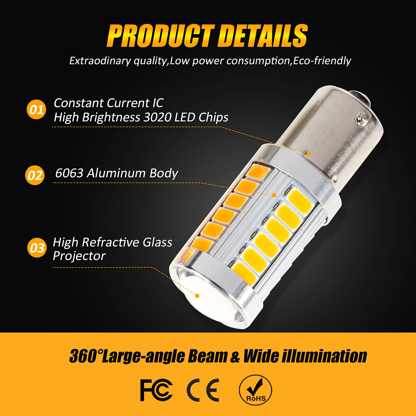 Auxbeam 1156 LED Turn Signal Bulbs, Amber Yellow, 33-SMD Chipsets, Pack of 2, Model H67002586
