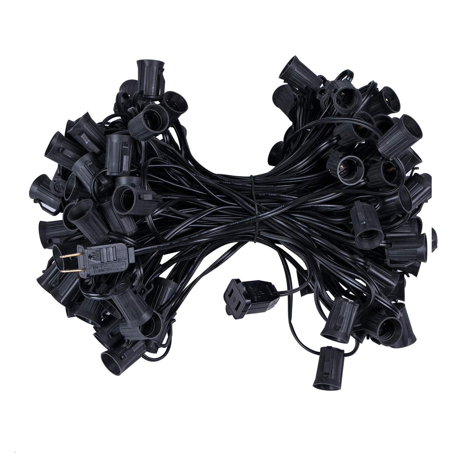 C9 Light Strand 50 FT for E17-12 Spacing, Outdoor String Light Christmas Stringer with 50 Sockets for Patio, Connectable, Black 