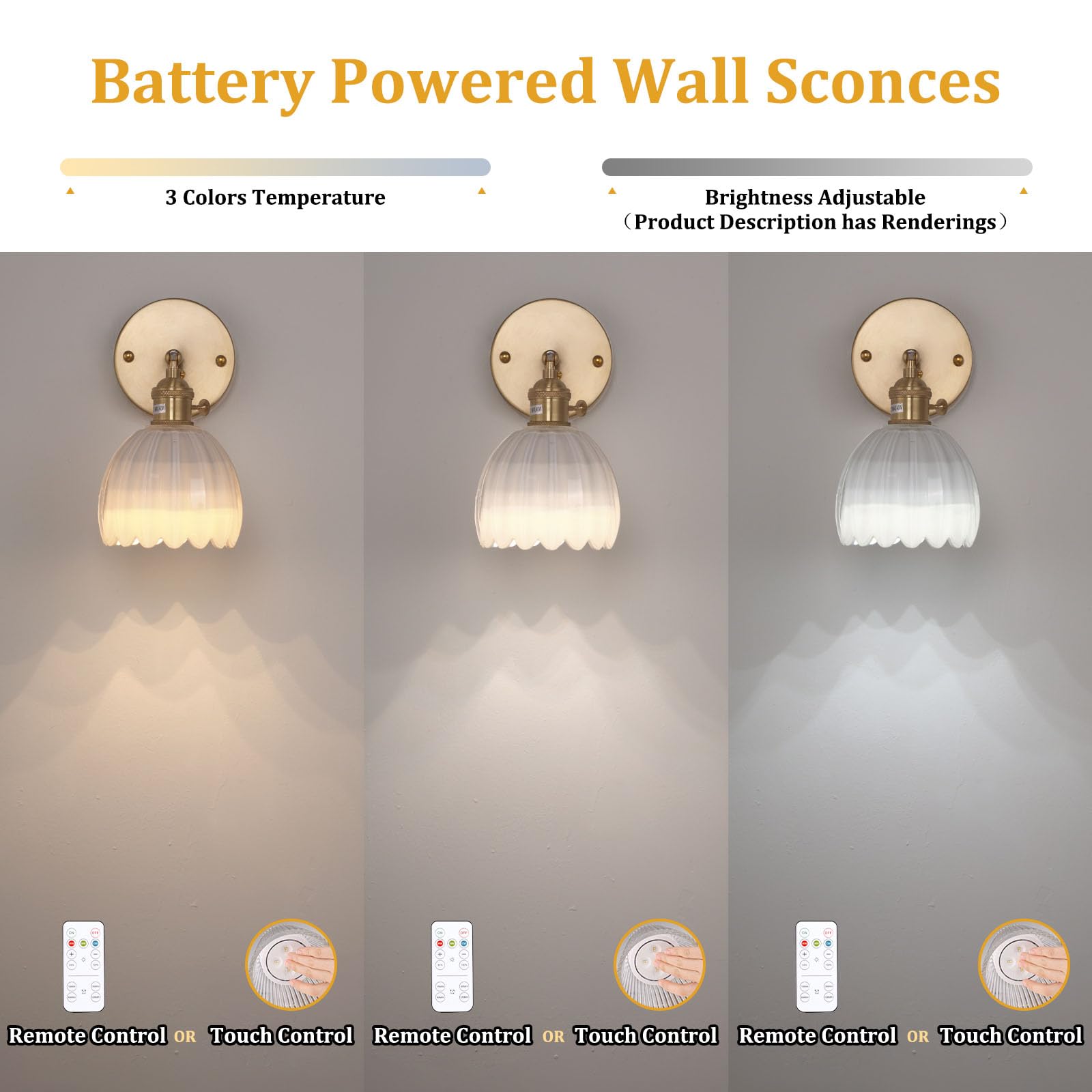 Shenmoyl Vintage Wall Sconce - Battery Operated, Remote Control, Glass, Tulip White, Model 1-9330