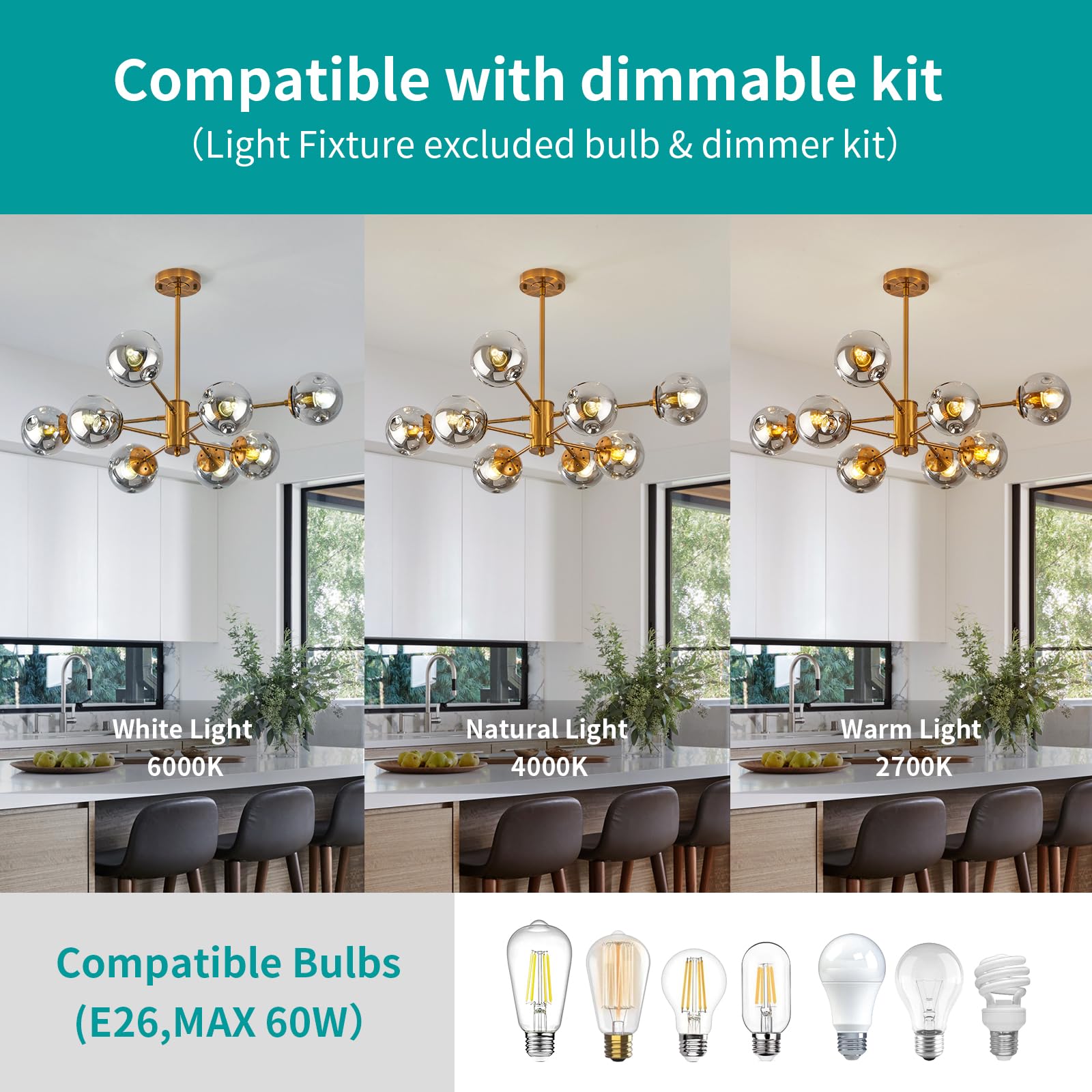 Ddlldeshi Gold Chandelier 8 Head Dining Room Light Fixture, Sliver Glass Globe Shade Kitchen Lights Modern Chandeliers (Ceiling