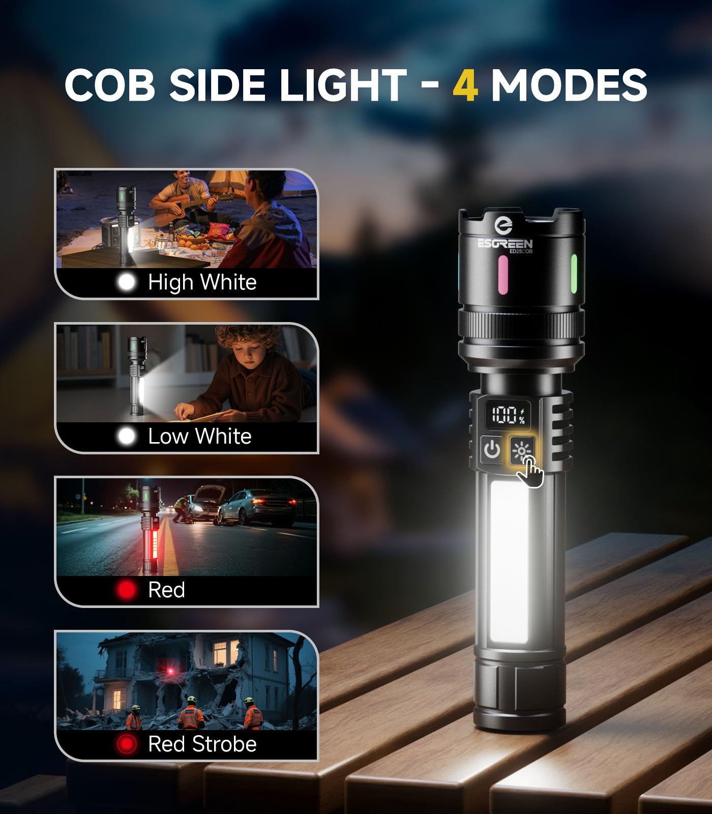 Esgreen LED Rechargeable Flashlight 10000 High Lumens, 12H USB C, Compact Black, Model ED25COB, 2 Pack for Hiking Camping