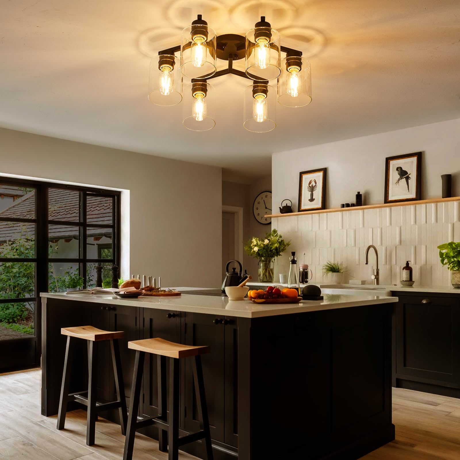 6-Light Semi Flush Mount Ceiling Light Fixture, Black Light Fixtures For Dining Room Ceiling, Large Kitchen Lighting Fixtures Ce