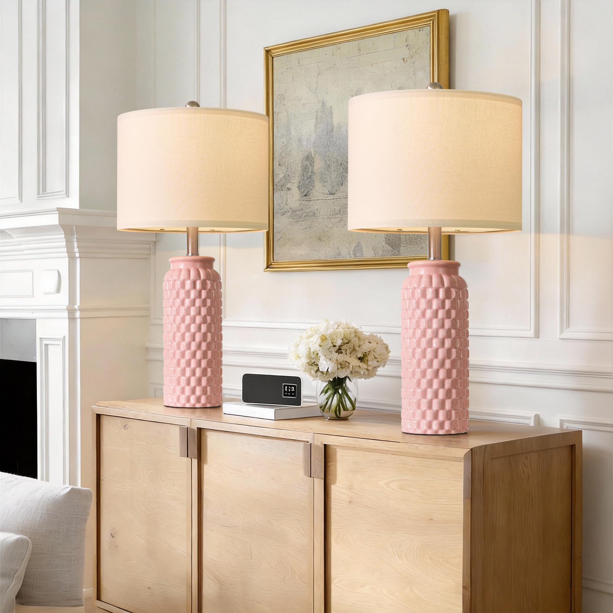 USumkky 24 Modern Ceramic Pink Bedside Lamp Set of 2 Table Lamp for Bedroom Decor Farmhouse Table Lamp for Living Room Office Dorm