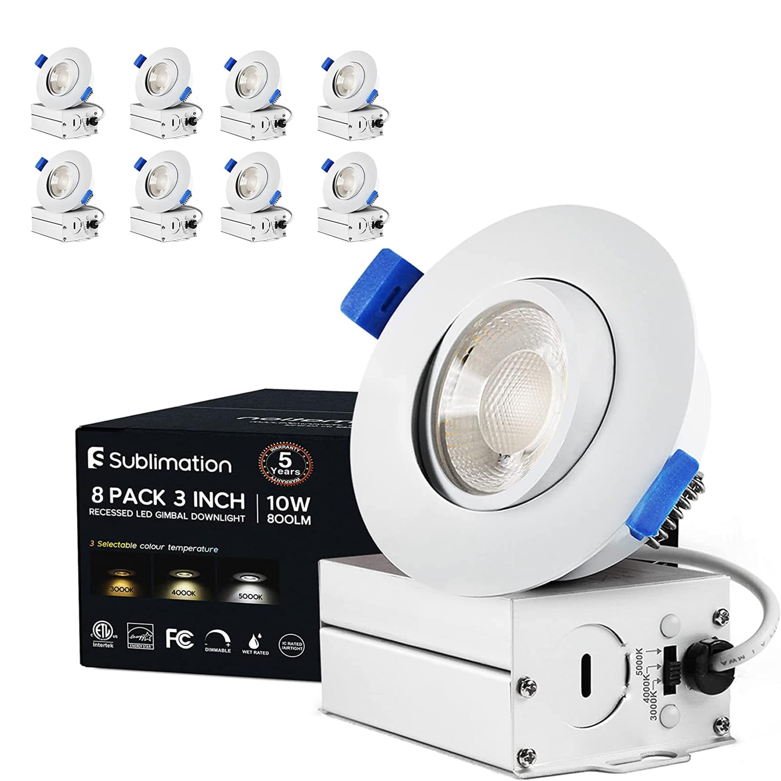 Sublimation 8 Packs 3 Inch Led Recessed Light,Waterproof Recessed Lights For Shower,Ultra-Thin 10W With Junction Box,3 Colors Adjustable,Suitable For Bathroom,Parlor,Bedroom,Kitchen,Balcony