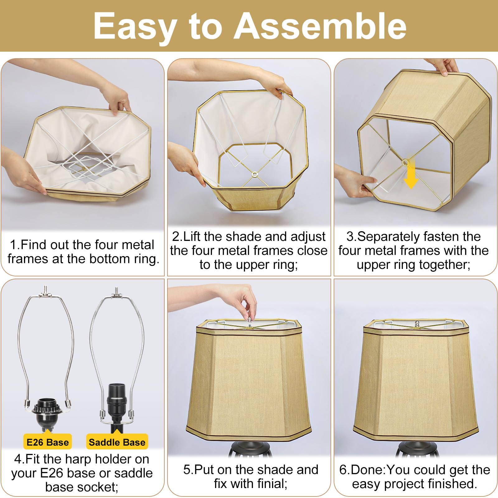 Seaside Village Rectangle Cut Corner Lamp Shades Set of 2, 10.5inx10inx13in, Gold Linen with Brown Rim, Model FXDZ-2P-Gold