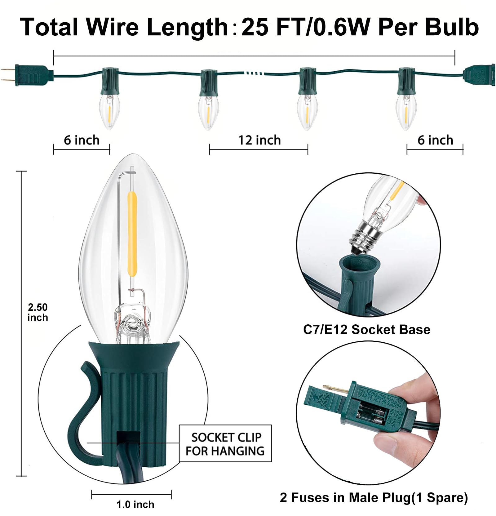 C7 Led Clear Christmas String Lights Outdoor, 25Ft Connectable Hanging Christmas Lights With 27 0.6W Bulbs(2 Spare), Vintage Chr