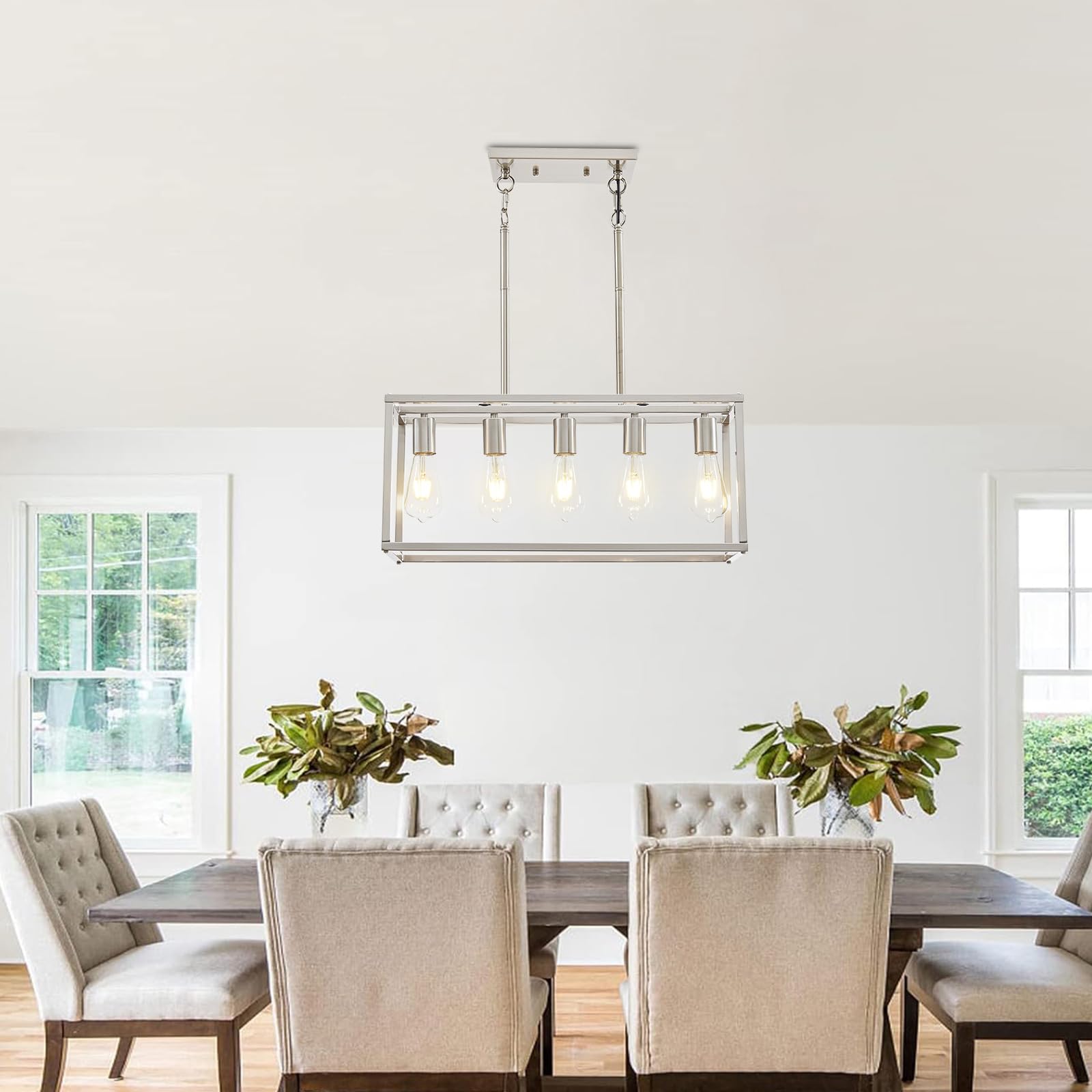 Lanhall 5-Light Pendant Light, Brushed Nickel Metal Chandelier for Kitchen Island, Adjustable Height, Modern Dining Room Fixture