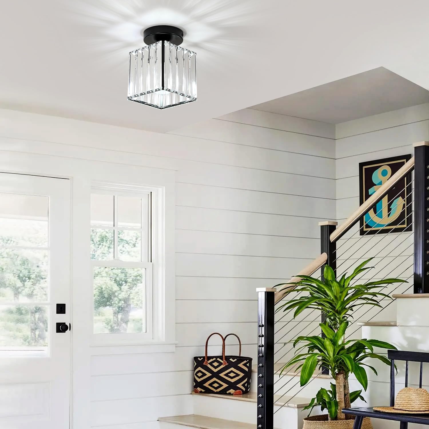 Goeco Ceiling Light, 2 Pack Square Crystal Semi Flush Mount Ceiling Light, 5.1 Inch Modern Black Mini Size Close To Ceiling Ligh