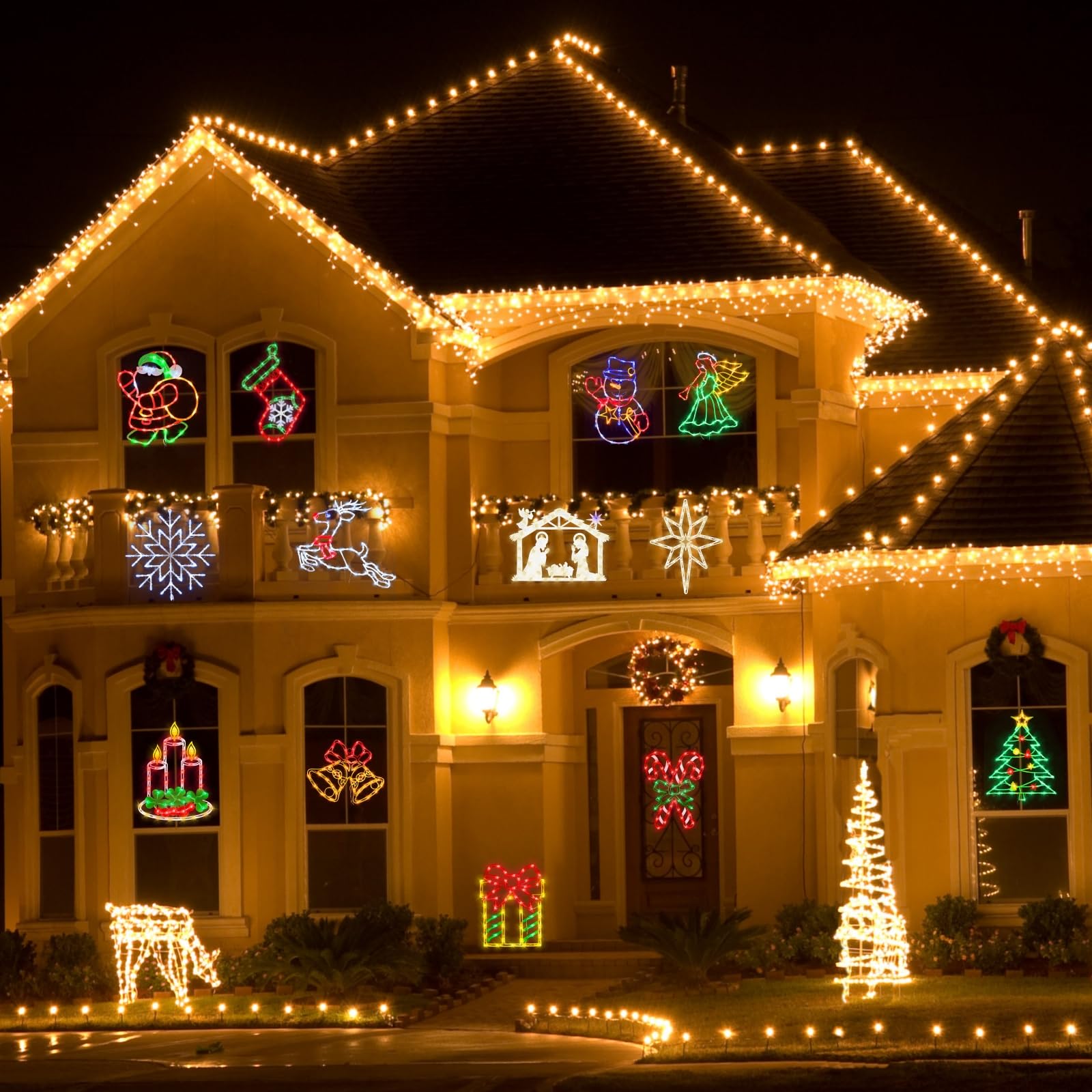 Pytopkto 16 Christmas Window Silhouette Lights - 6 Pack Colour Lighted Candy Cane & Santa & Christmas Stocking & Candle & Gift Box &Snowflake For Holiday Indoor And Outdoor Window Decorate