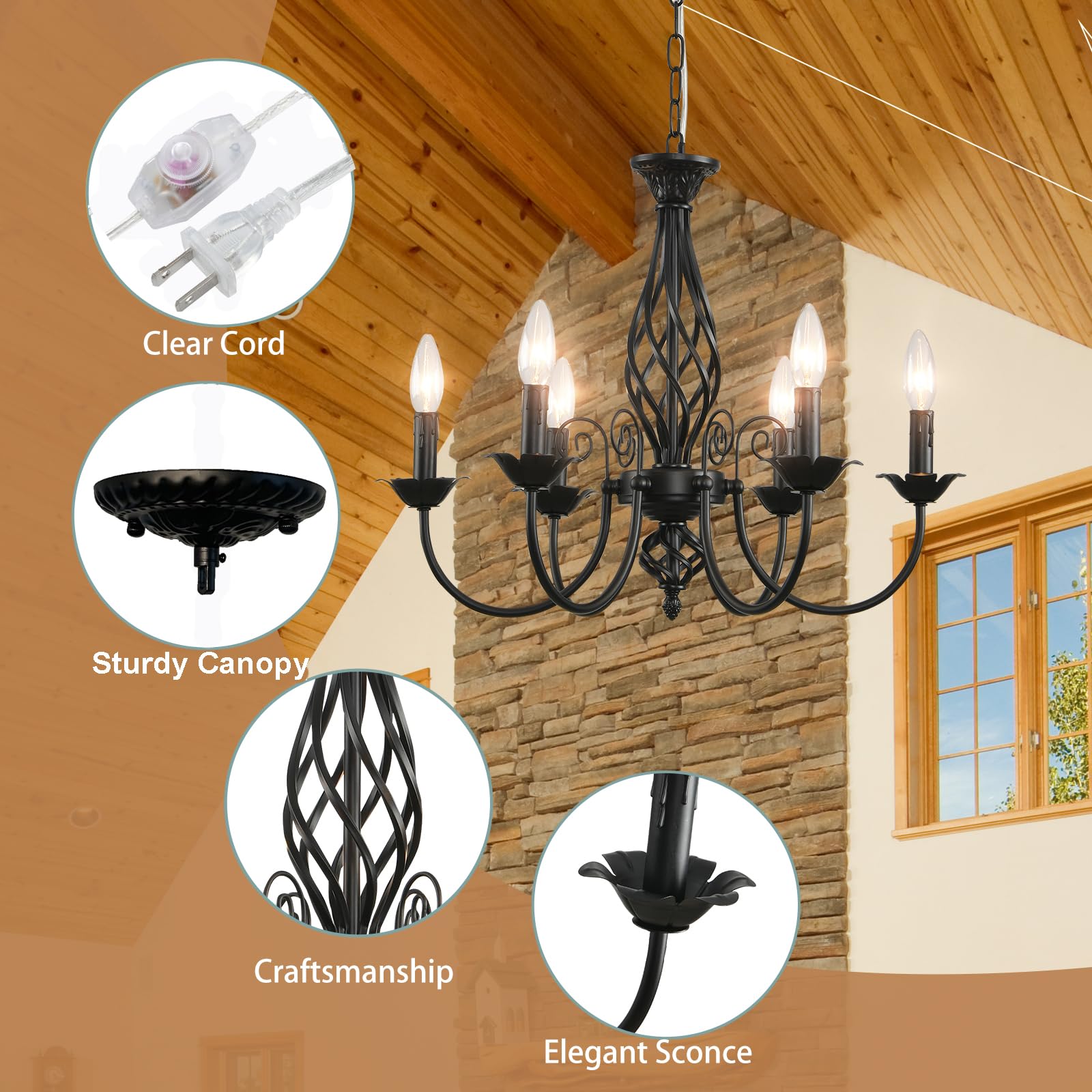 Hoxiya 6-Light Dimmable Black Farmhouse Chandelier For Living Room, Dining Room, Kitchen